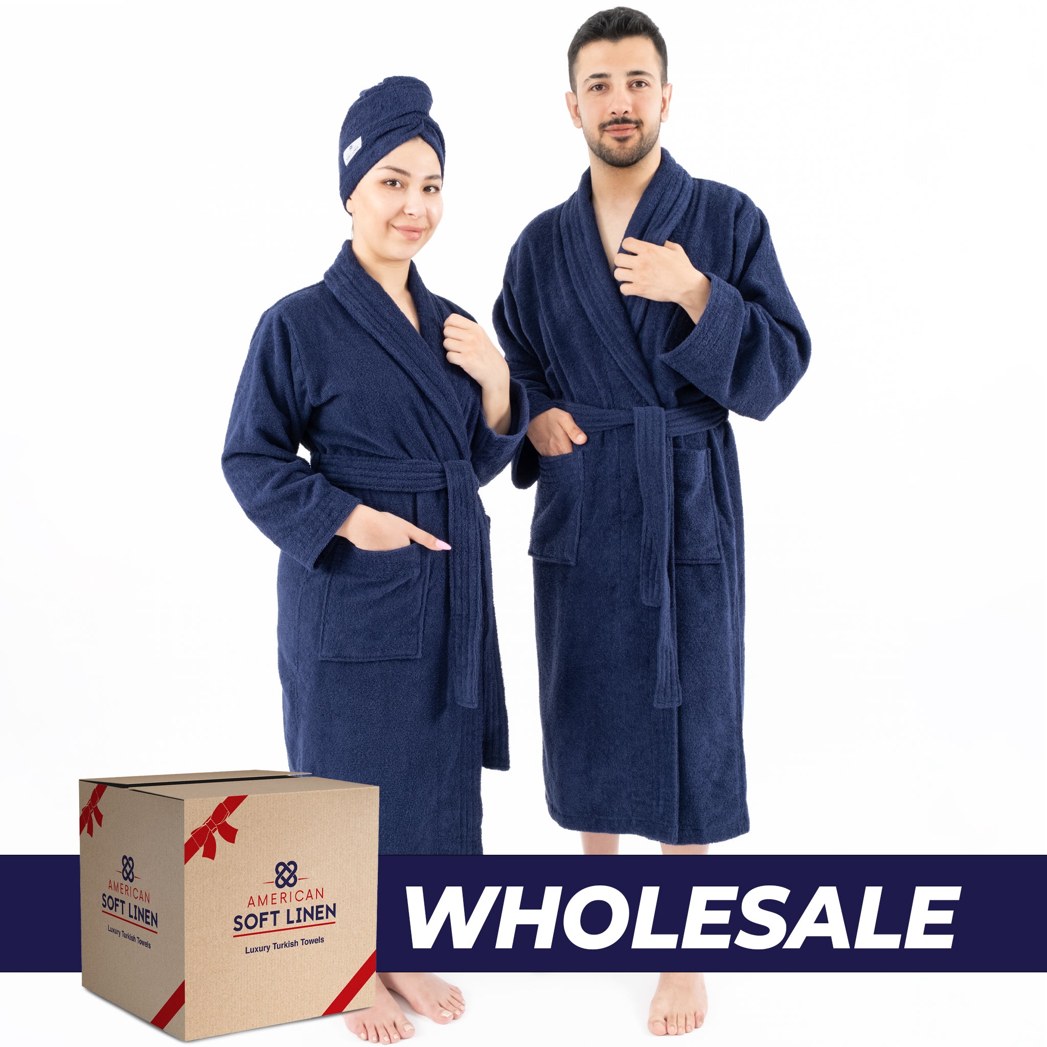 American-softlinen 100% Cotton Bathrobes for Women and Men, Soft, Lightweight, Wholesale Bathrobes Navy-Blue S-M, 0
