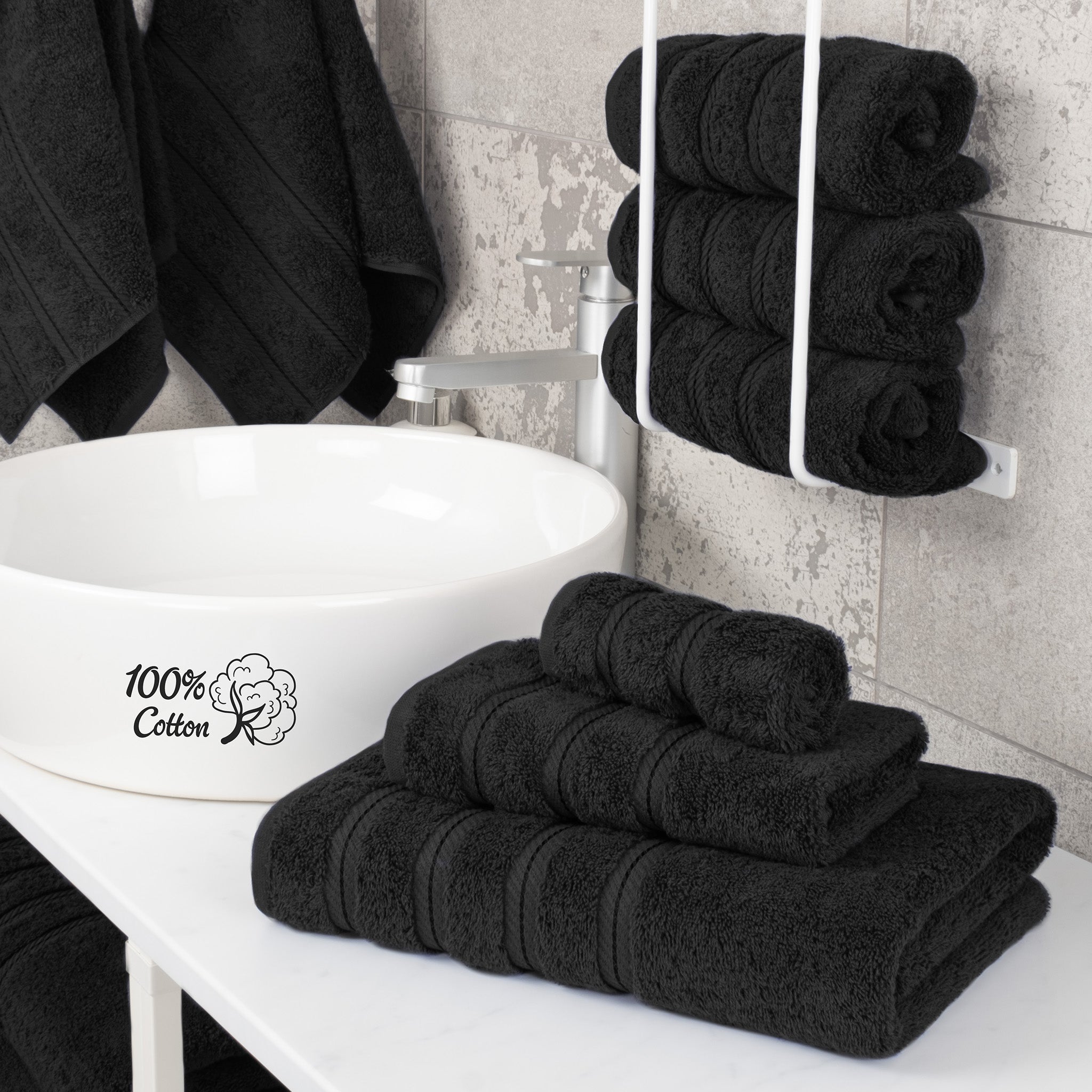 American-softlinen 3 Piece Best Bath Towels Set 100% Cotton Turkish Towels with 20 Different Colors Black-2