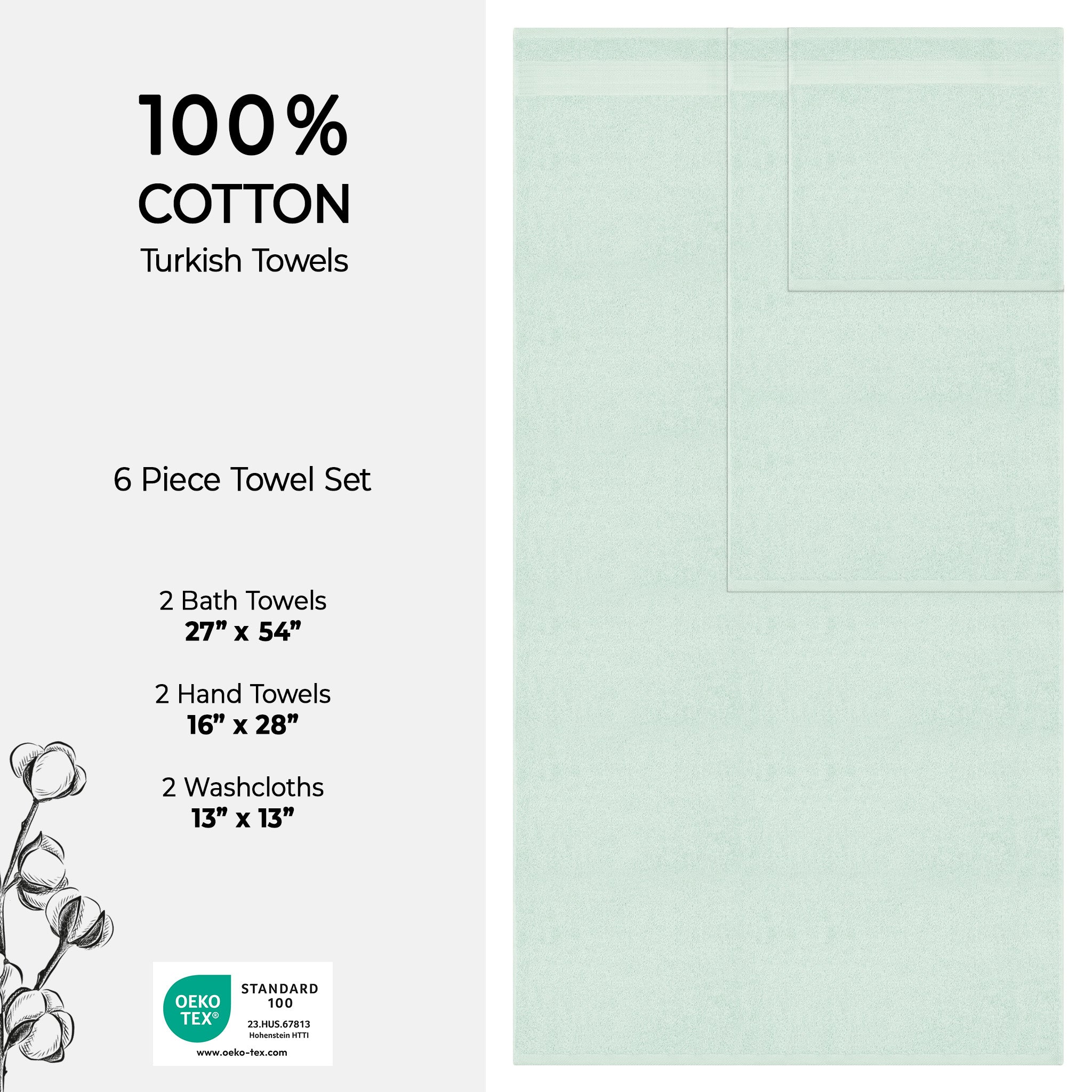 American-softlinen Bekos 100% Cotton Turkish Towels 6 Piece Bath Towel Set -mint-04