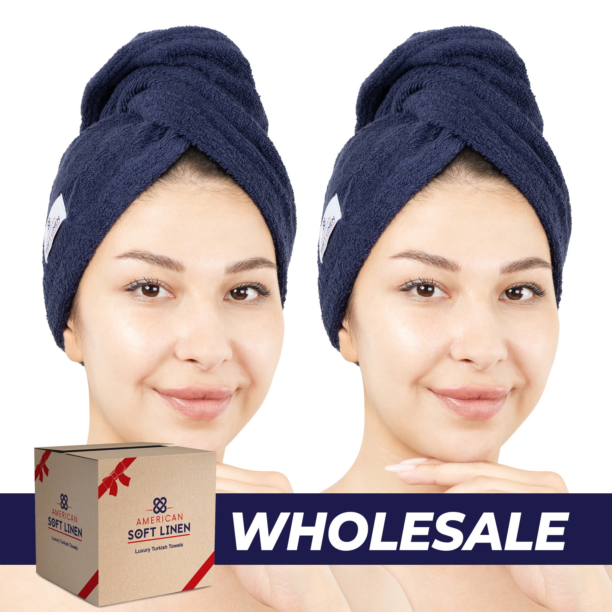 American-softlinen 100% Cotton Hair Drying Towels for Women 2 pack 75 set case pack navy blue-0