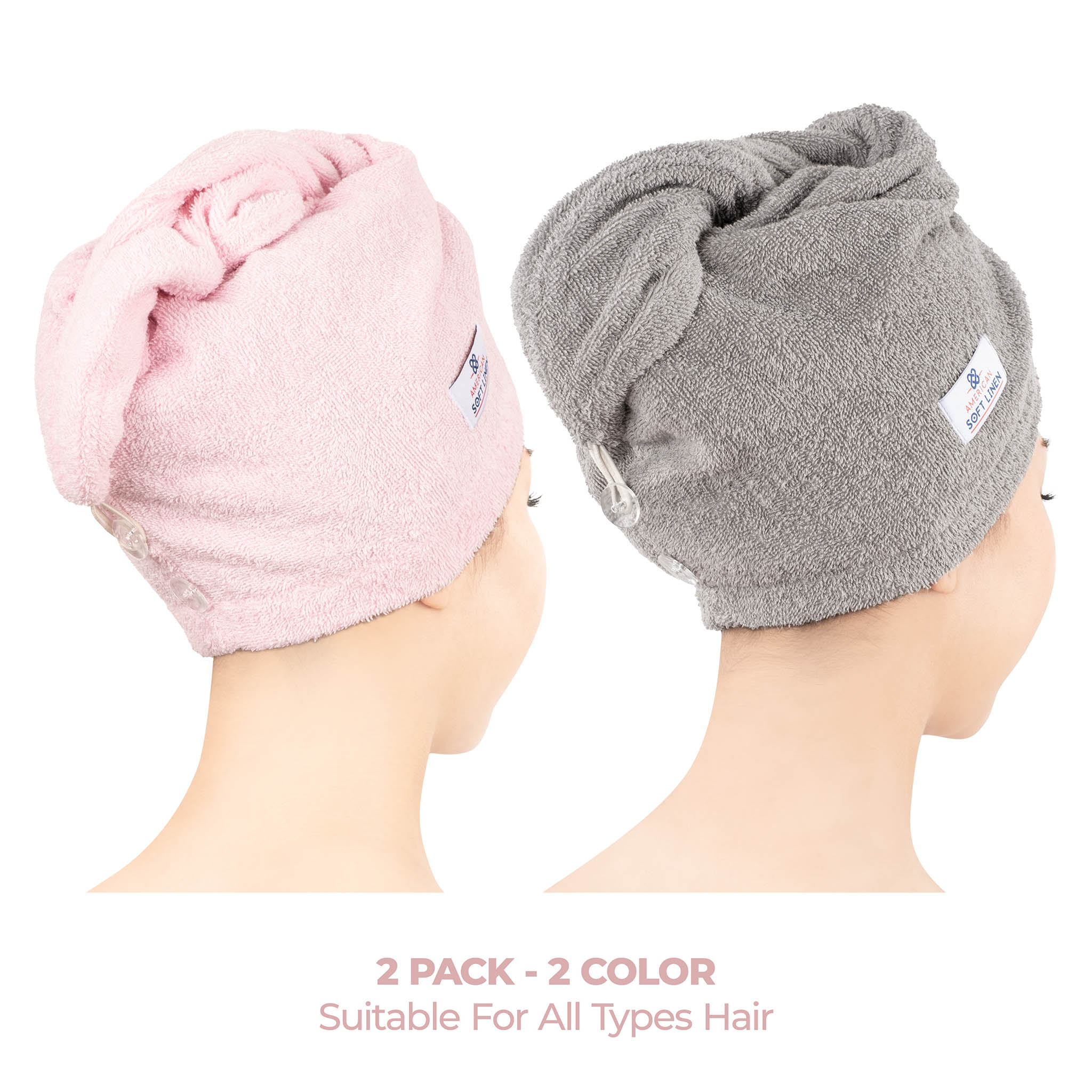 American-softlinen 100% Cotton Hair Drying Towels for Women 2 pack 75 set case pack pink-rockridge gray-2