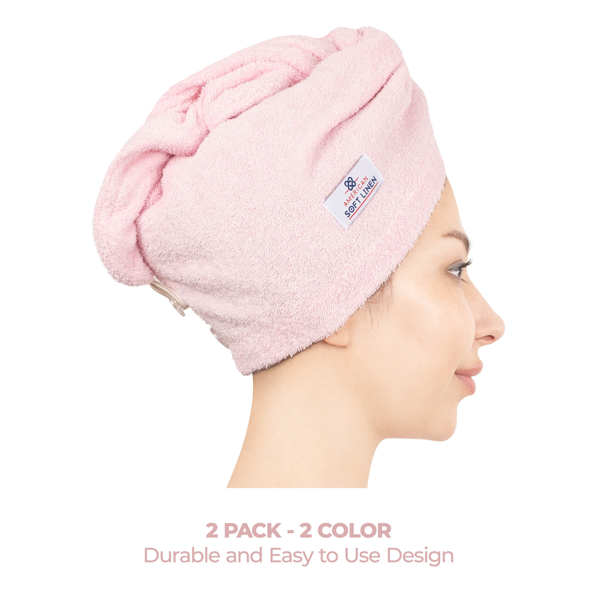 American-softlinen 100% Cotton Hair Drying Towels for Women 2 pack 75 set case pack pink-rockridge gray-3