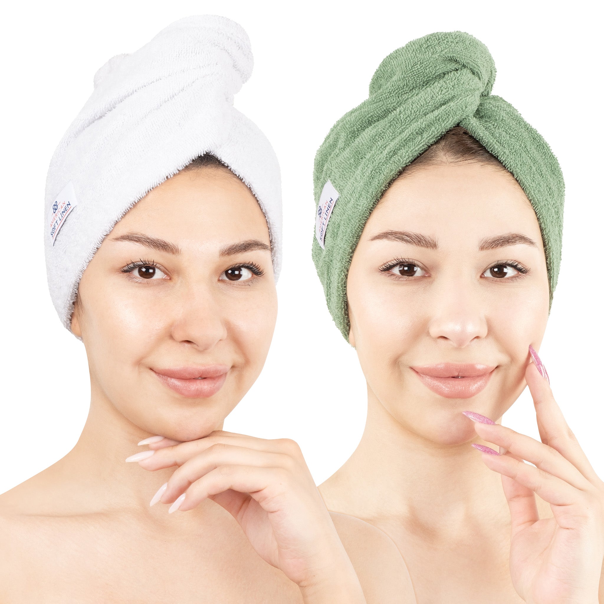 American-softlinen 100% Cotton Hair Drying Towels for Women 2 pack 75 set case pack white-sage green-1