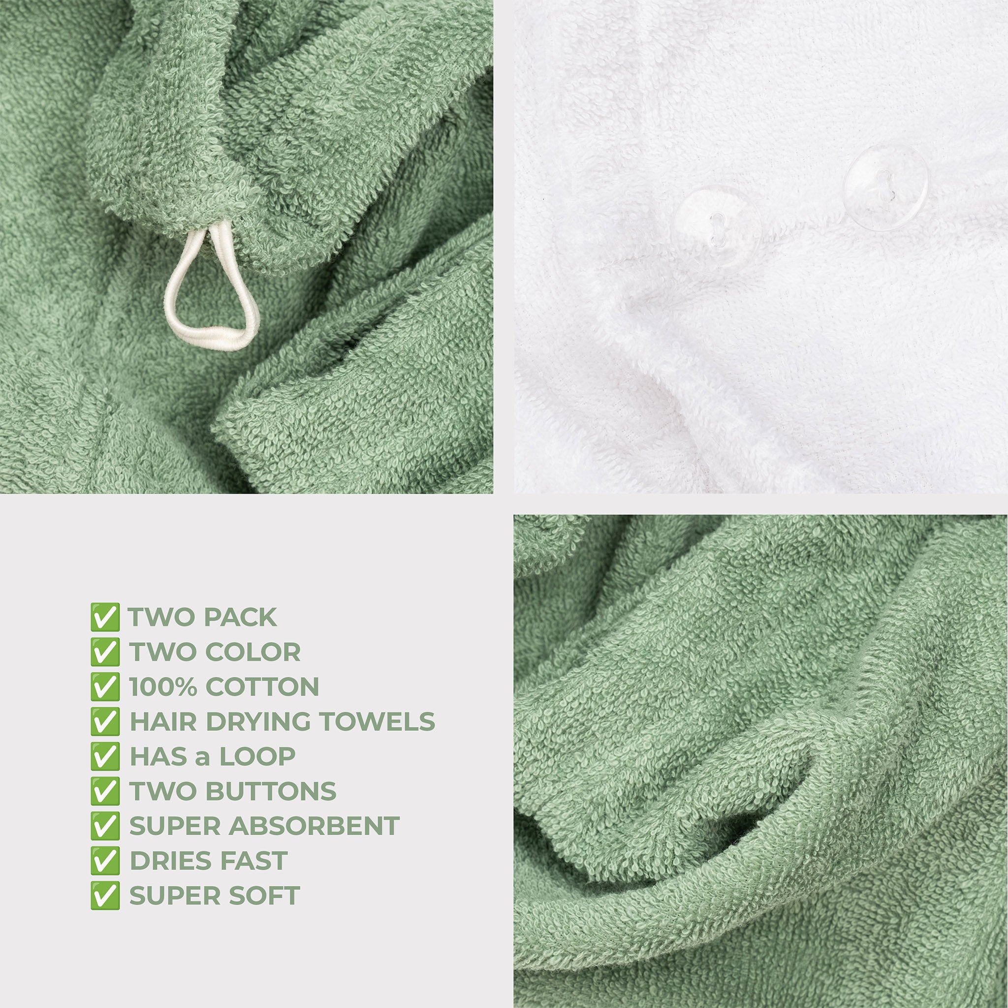 American-softlinen 100% Cotton Hair Drying Towels for Women 2 pack 75 set case pack white-sage green-6