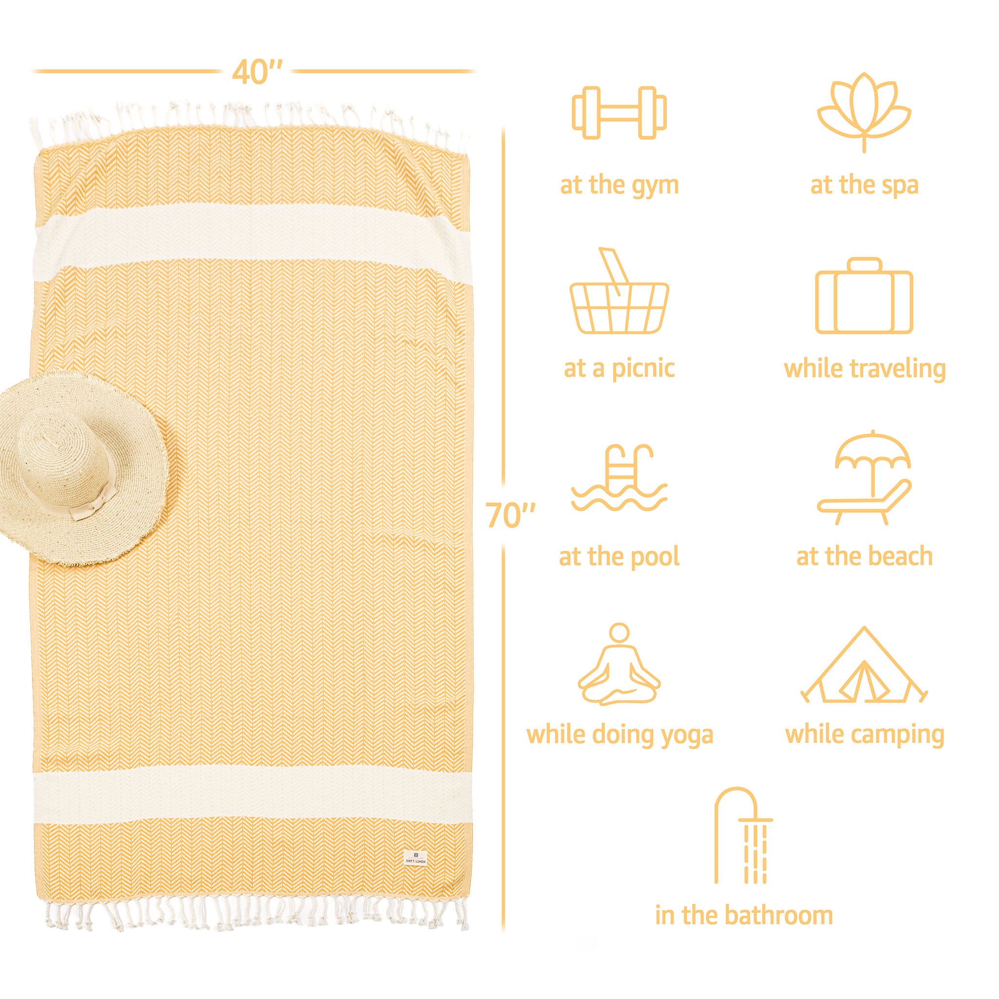 American-softlinen - 100% Cotton Turkish Peshtemal Towels 40x70 Inches - Yellow - 4