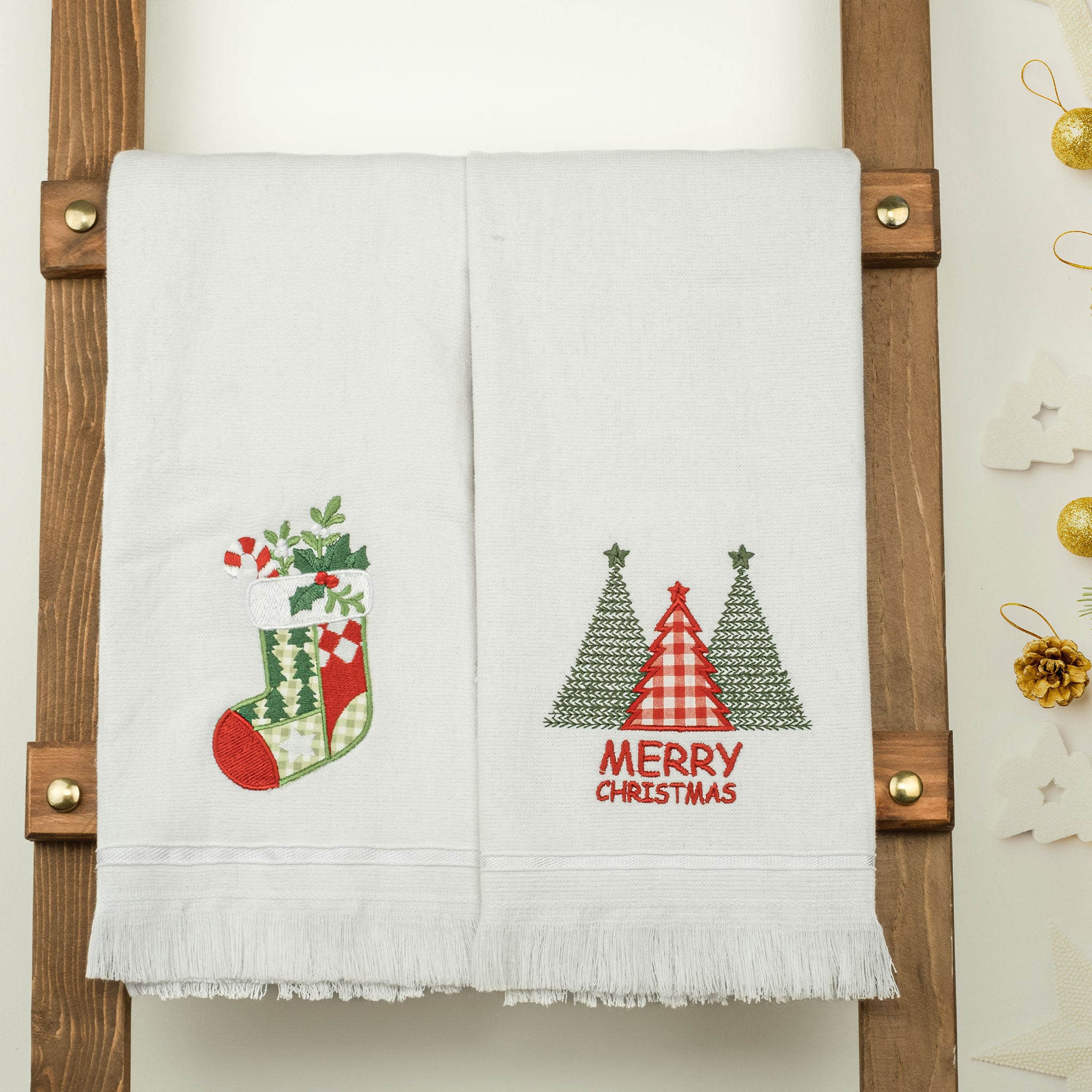 American-softlinen - Christmas Towels Set 2 Packed Embroidered Turkish Cotton Hand Towels - Christmas Tree Socks - 5