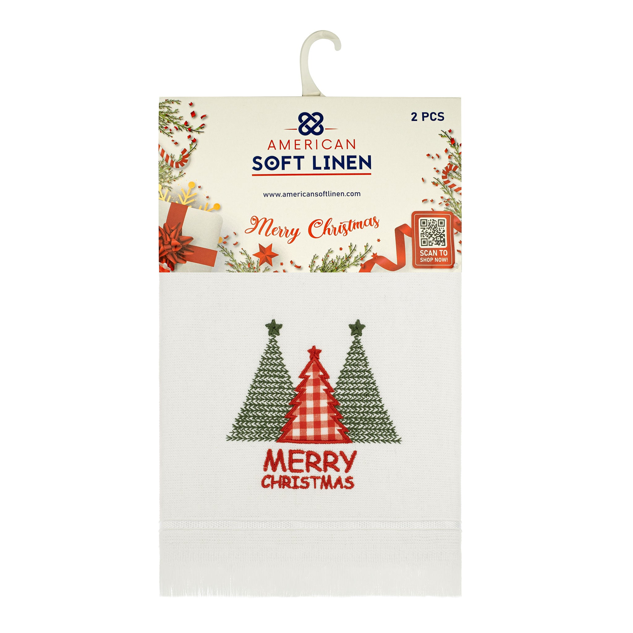 American-softlinen - Christmas Towels Set 2 Packed Embroidered Turkish Cotton Hand Towels - Christmas Tree Socks - 8