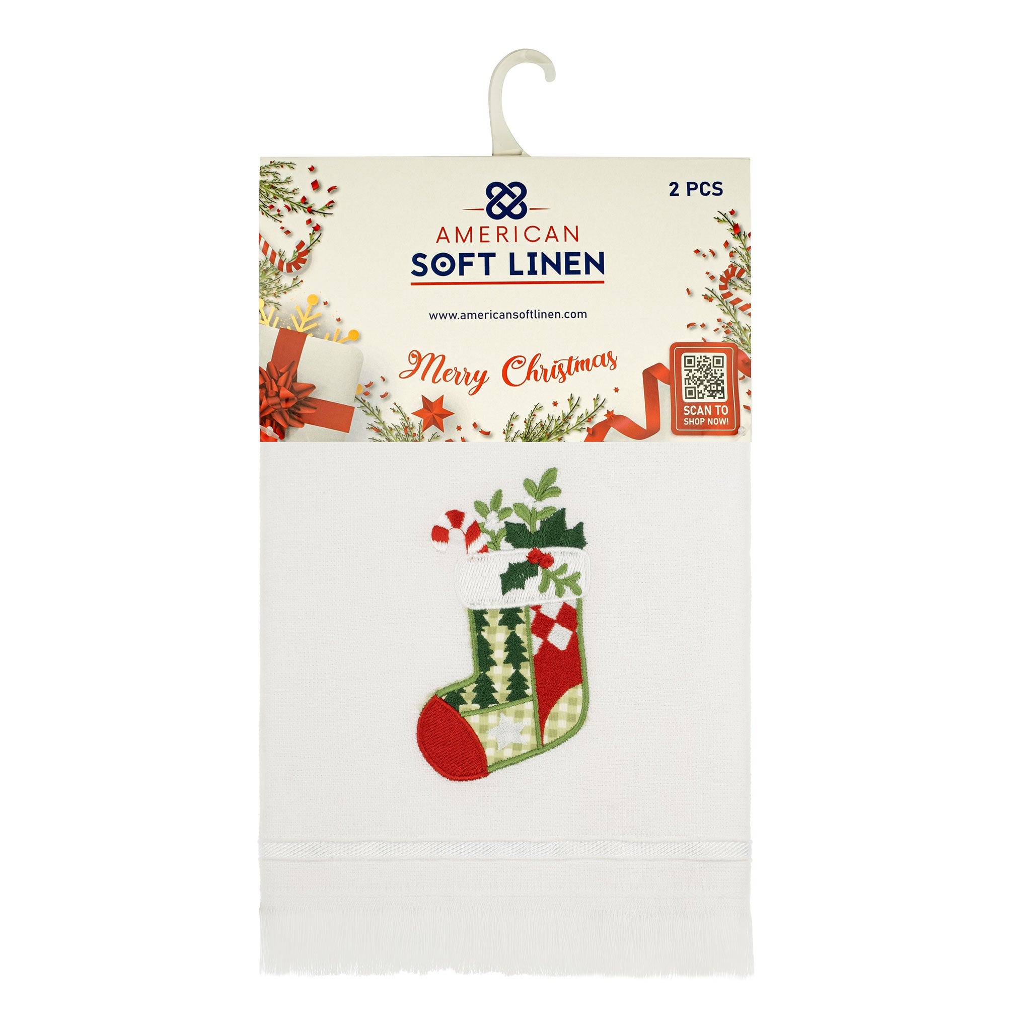 American-softlinen - Christmas Towels Set 2 Packed Embroidered Turkish Cotton Hand Towels - Christmas Tree Socks - 9