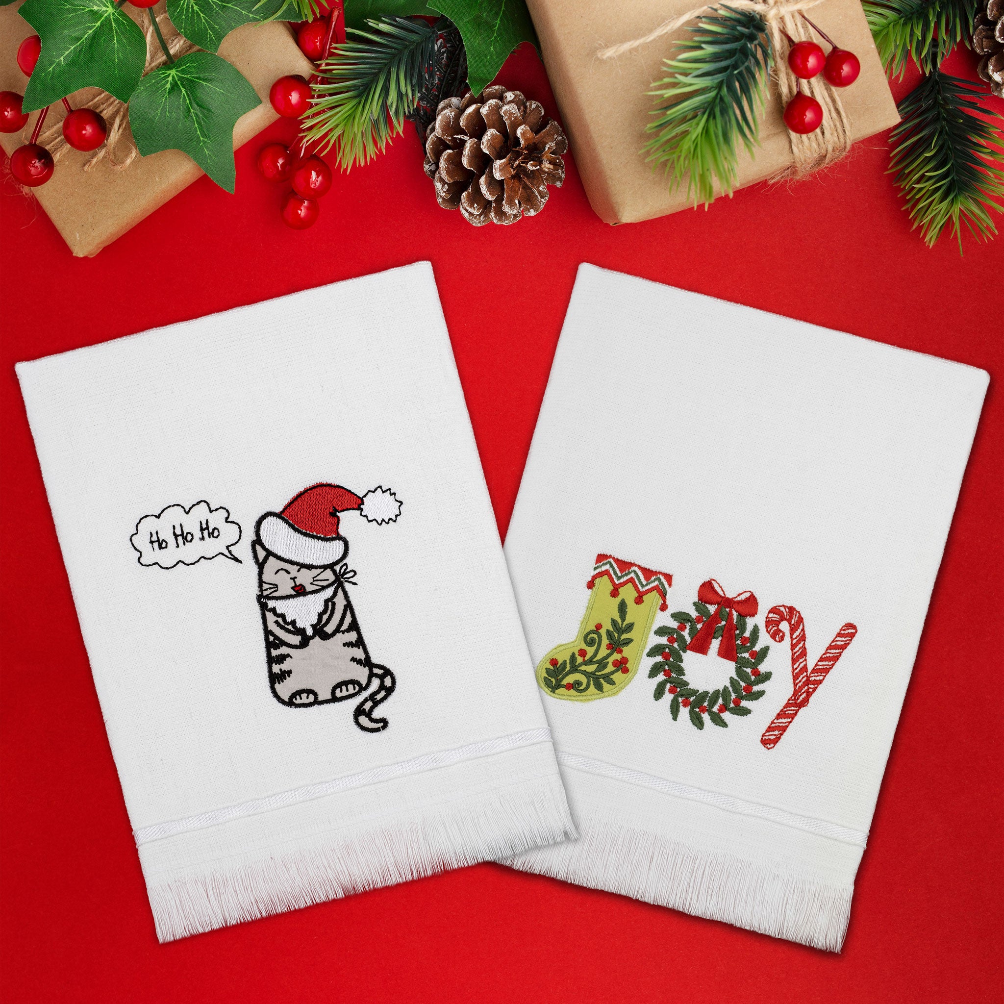 American-softlinen - Christmas Towels Set 2 Packed Embroidered Turkish Cotton Hand Towels - Joy Cat - 1