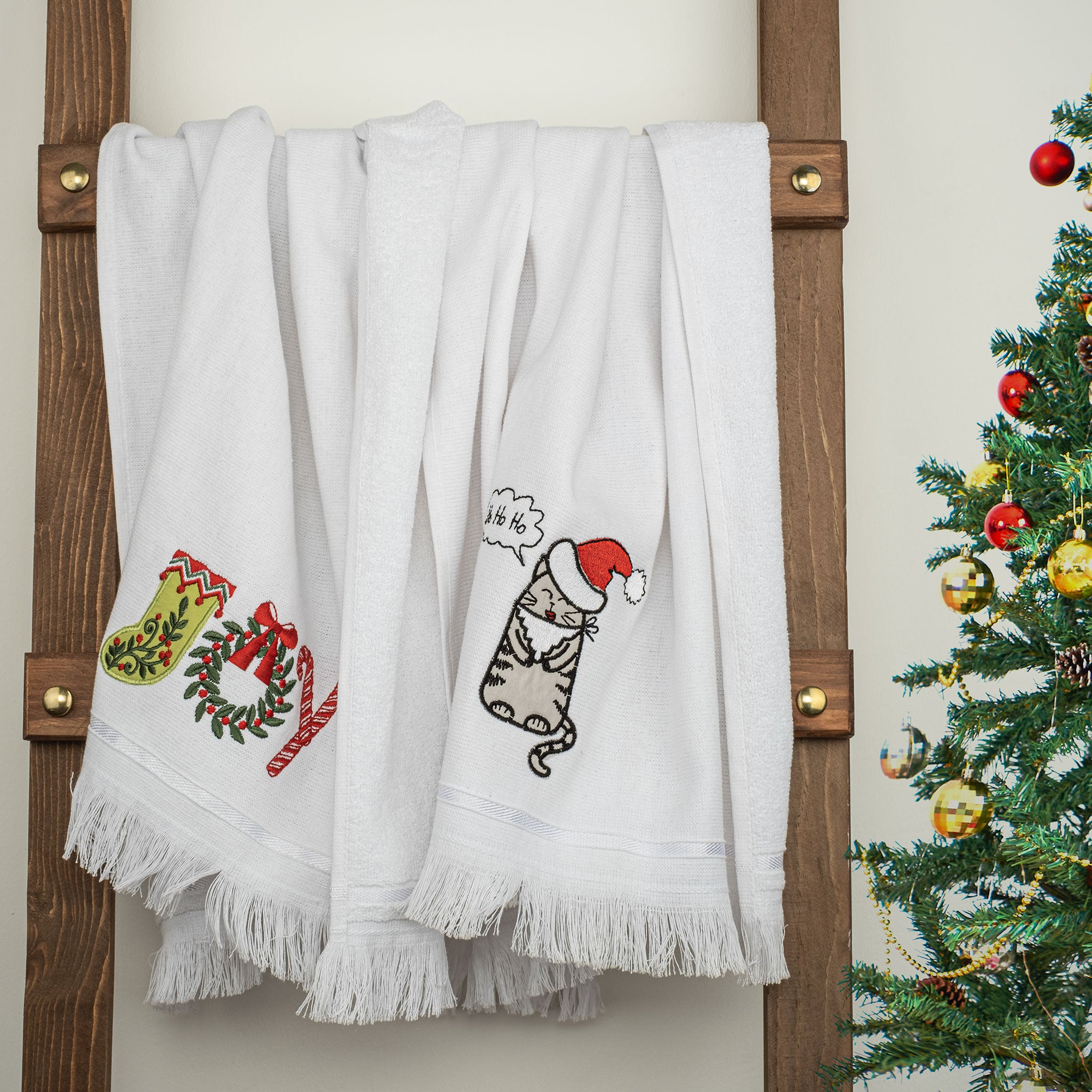 American-softlinen - Christmas Towels Set 2 Packed Embroidered Turkish Cotton Hand Towels - Joy Cat - 4