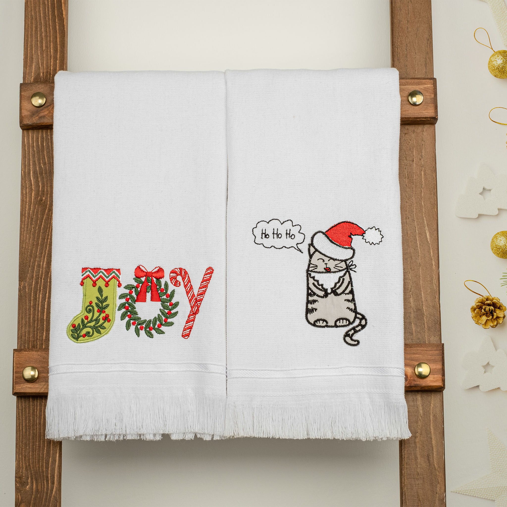 American-softlinen - Christmas Towels Set 2 Packed Embroidered Turkish Cotton Hand Towels - Joy Cat - 5