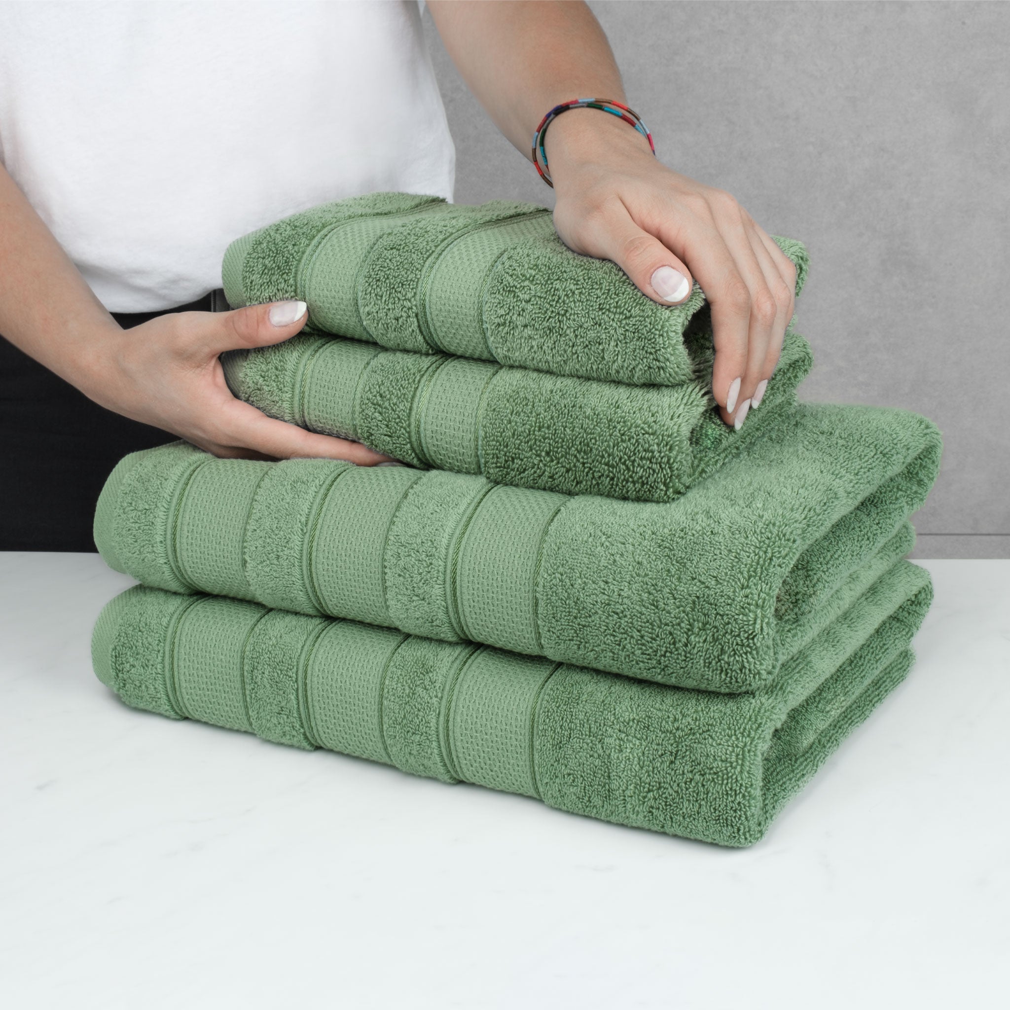 American-softlinen - Salem 6 Piece Turkish Combed Cotton Luxury Bath Towel Set - 10 Set Case Pack - Sage-Green - 6