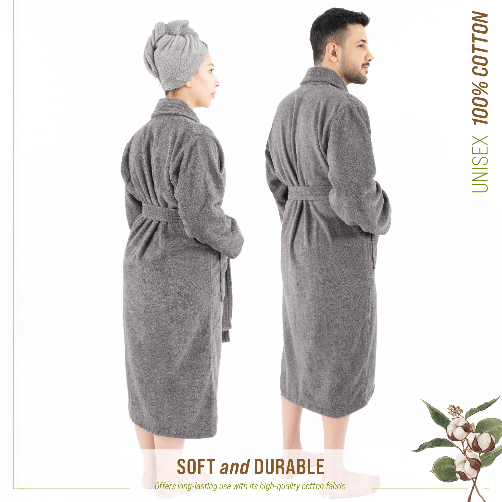 American-softlinen 100% Cotton Bathrobes for Women and Men, Soft, Lightweight, Gray L-XL, 4