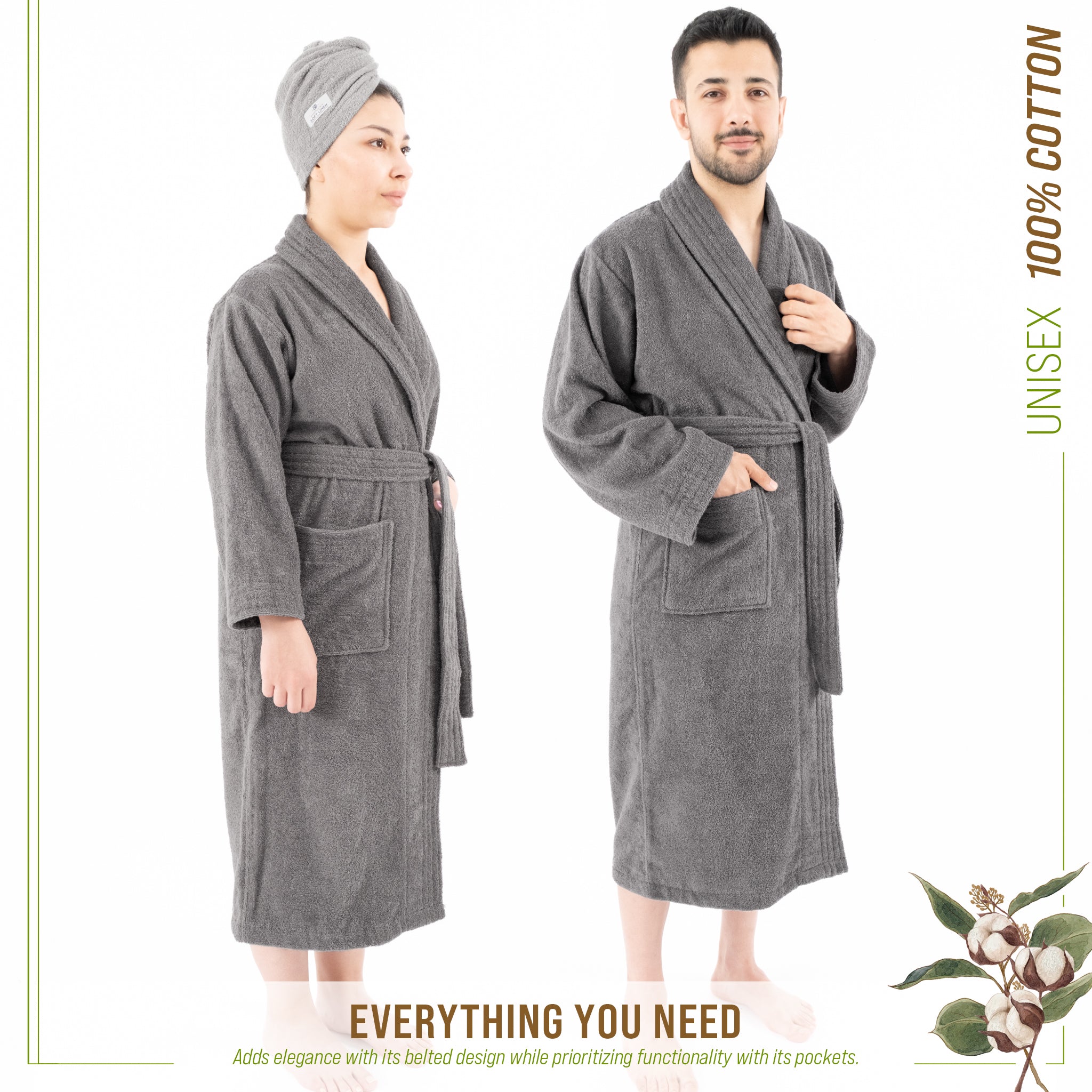 American-softlinen 100% Cotton Bathrobes for Women and Men, Soft, Lightweight, Gray S-M, 2