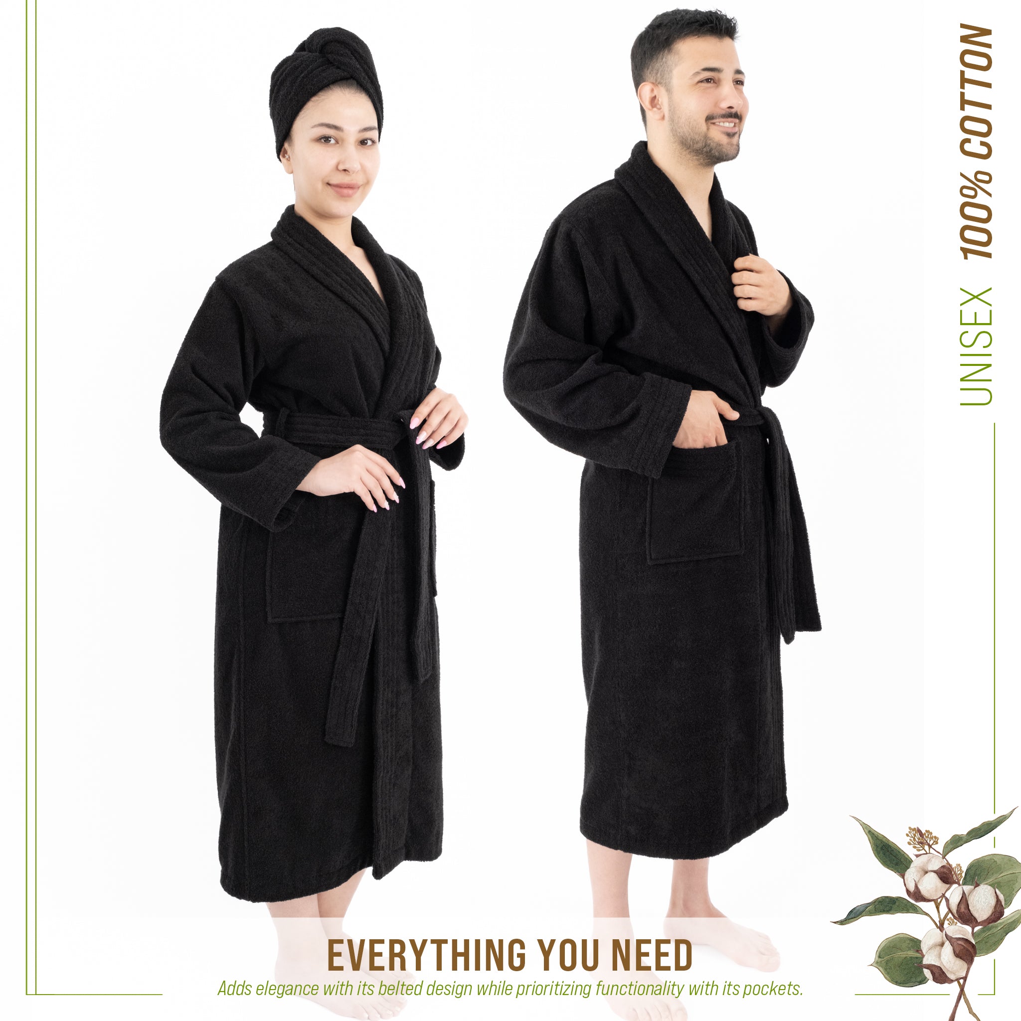 American-softlinen 100% Cotton Bathrobes for Women and Men, Soft, Lightweight, Black L-XL, 2