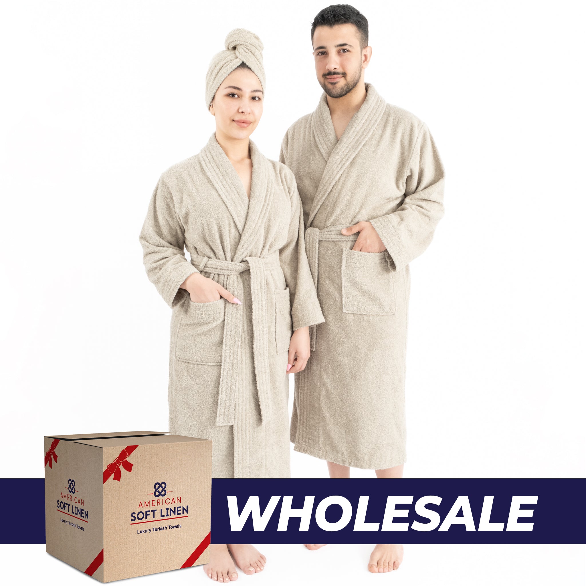 American-softlinen 100% Cotton Bathrobes for Women and Men, Soft, Lightweight, Wholesale Bathrobes Beige M-L, 0