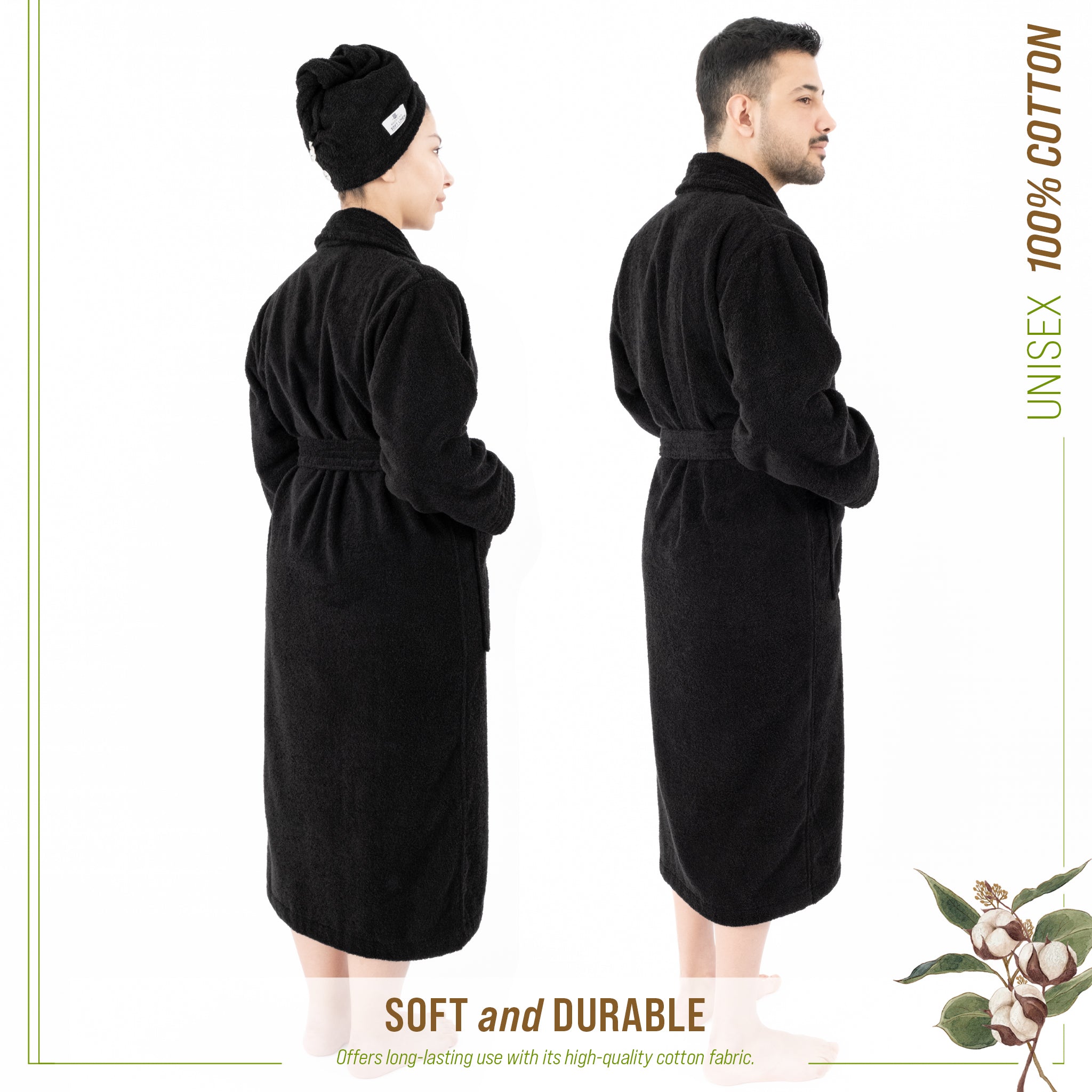 American-softlinen 100% Cotton Bathrobes for Women and Men, Soft, Lightweight, Black M-L, 4
