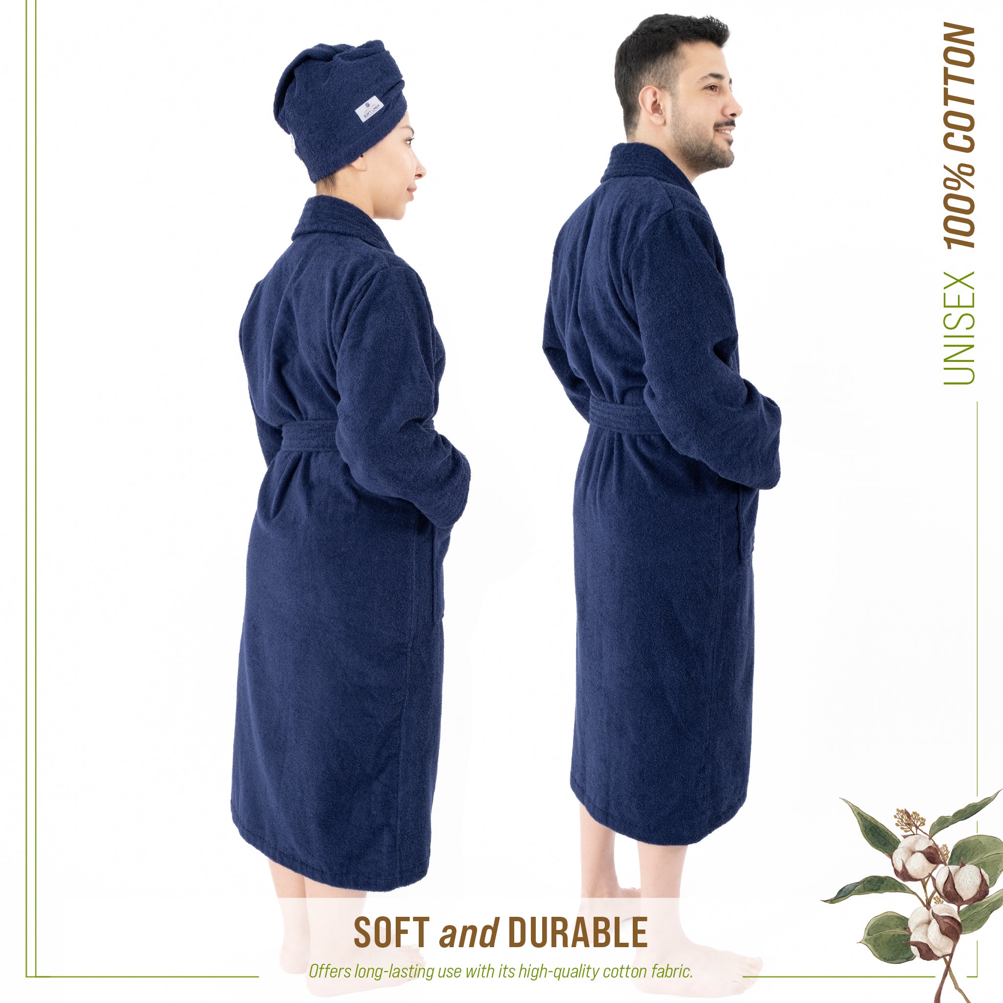American-softlinen 100% Cotton Bathrobes for Women and Men, Soft, Lightweight, Navy-Blue M-L, 4
