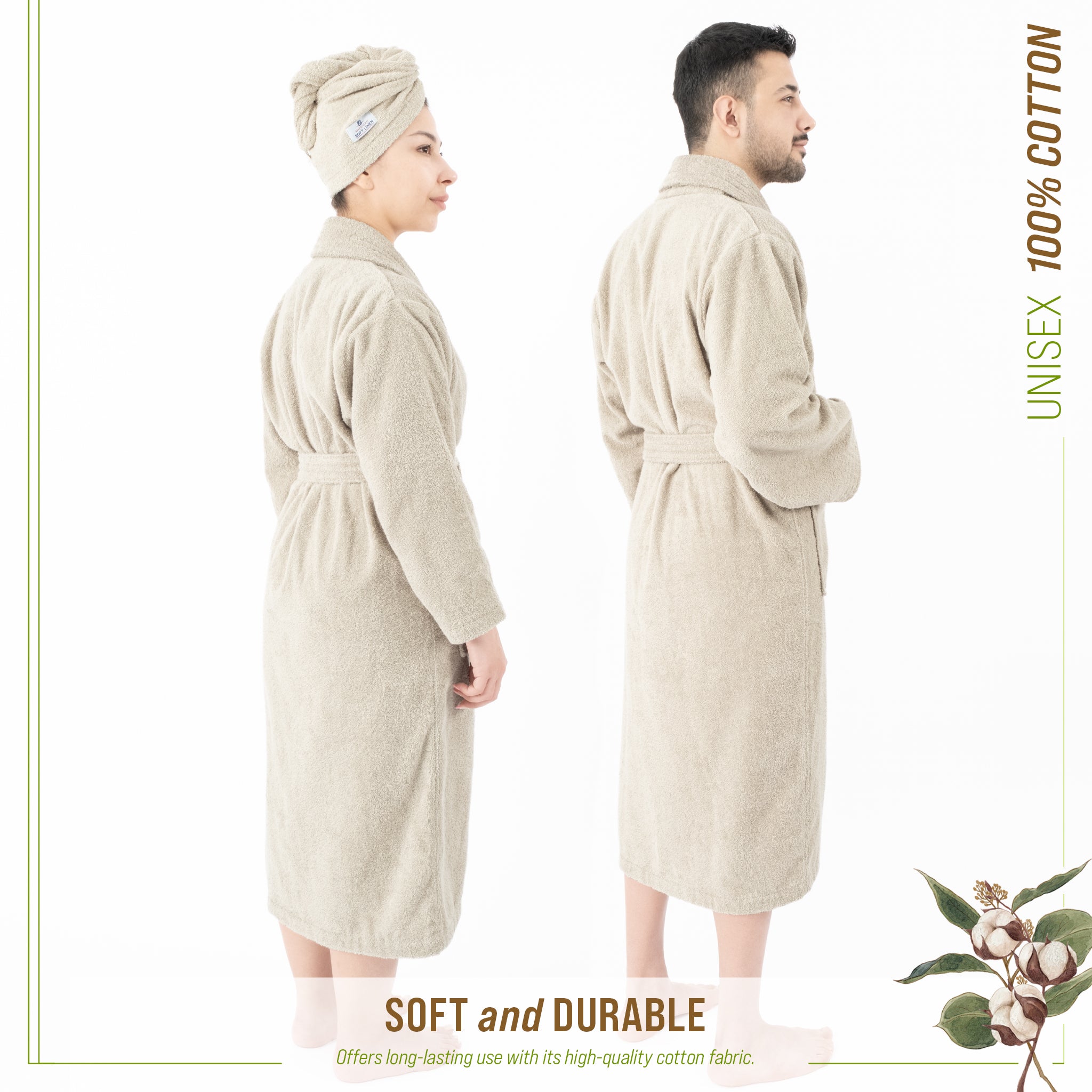 American-softlinen 100% Cotton Bathrobes for Women and Men, Soft, Lightweight, Wholesale Bathrobes Beige S-M, 4