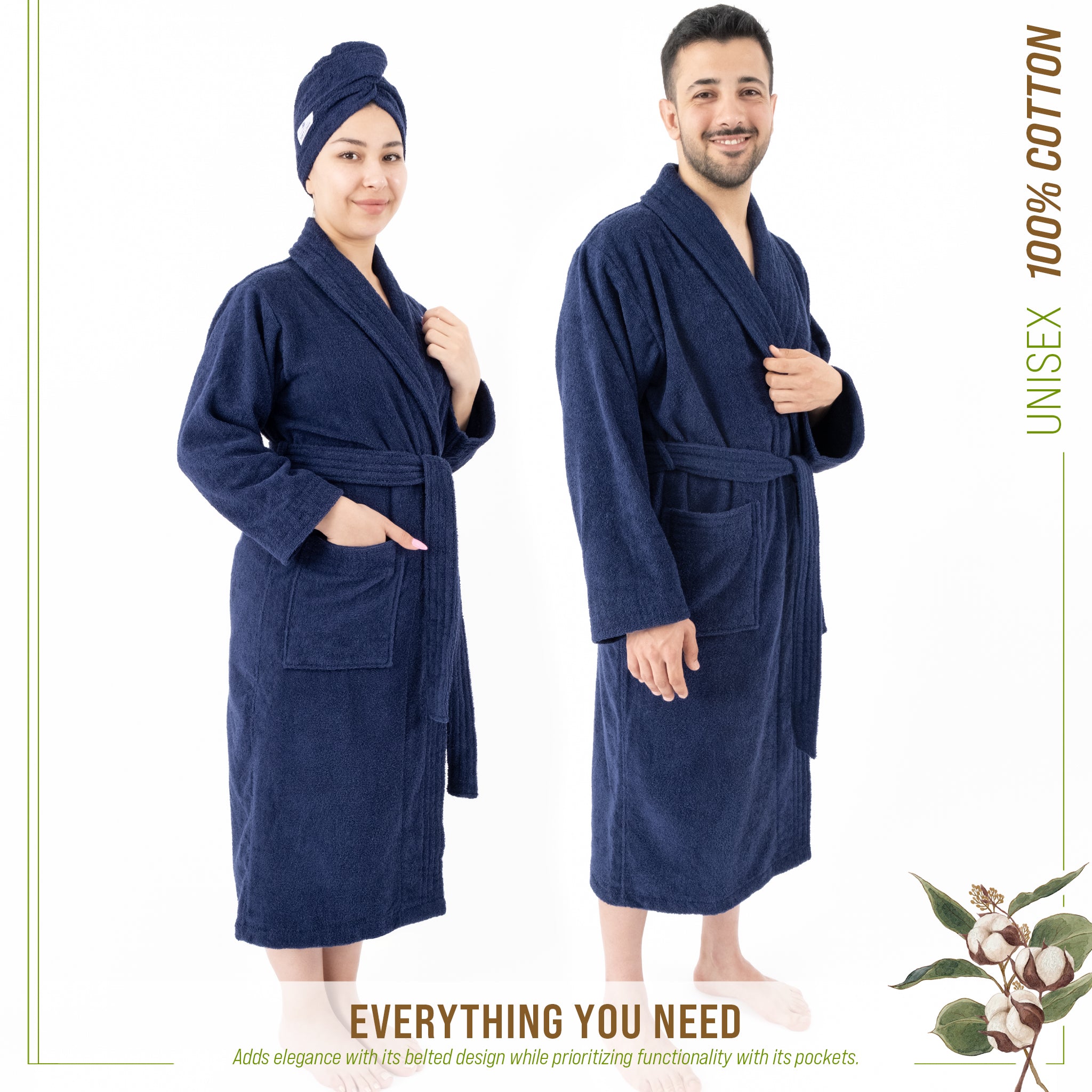 American-softlinen 100% Cotton Bathrobes for Women and Men, Soft, Lightweight, Wholesale Bathrobes Navy-Blue S-M, 2