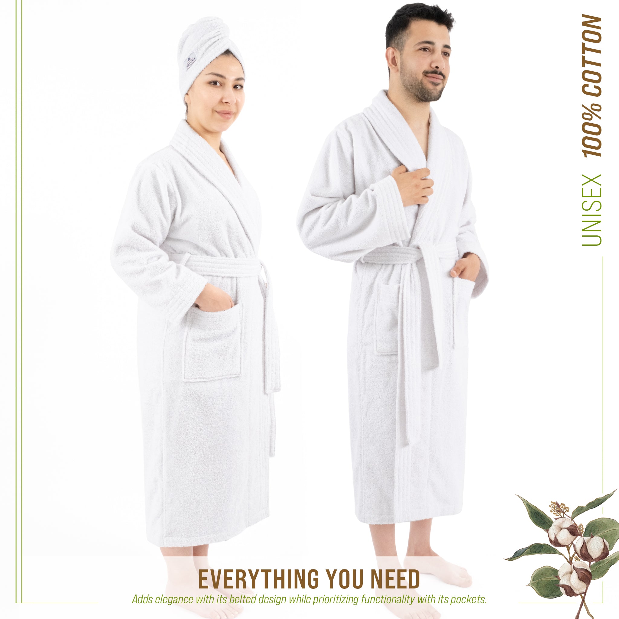 American-softlinen 100% Cotton Bathrobes for Women and Men, Soft, Lightweight, White M-L, 2