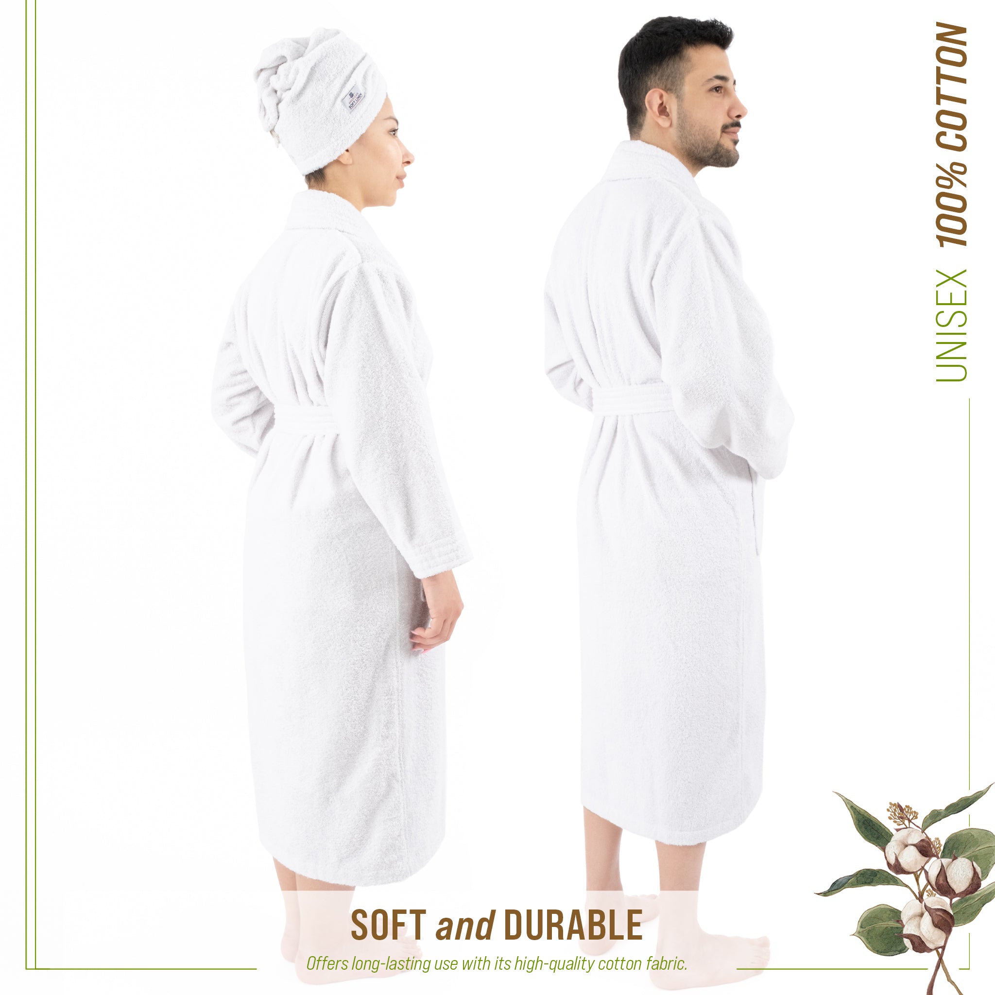 American-softlinen 100% Cotton Bathrobes for Women and Men, Soft, Lightweight, White XL-XXL, 4