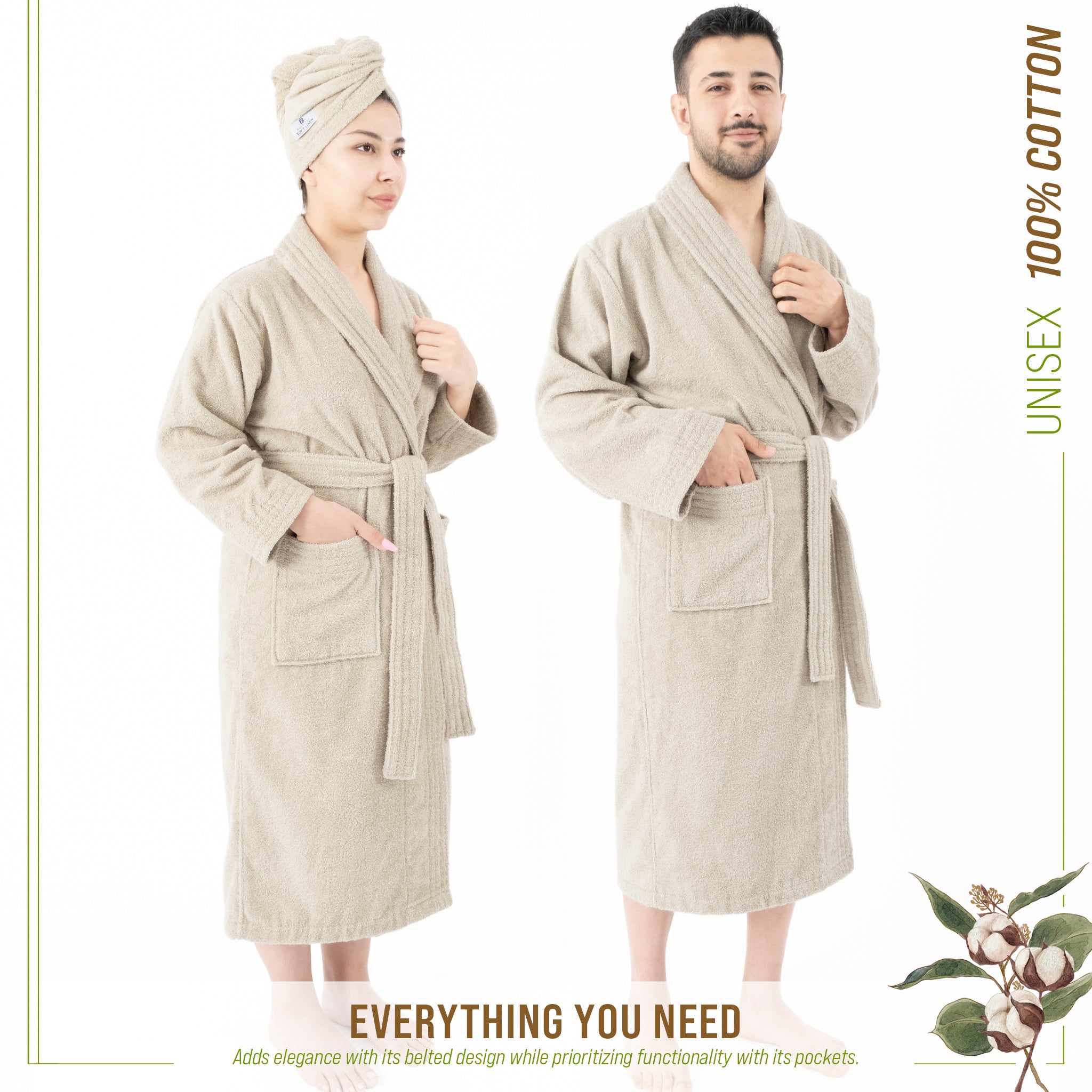 American-softlinen 100% Cotton Bathrobes for Women and Men, Soft, Lightweight, Beige XL-XXL, 2
