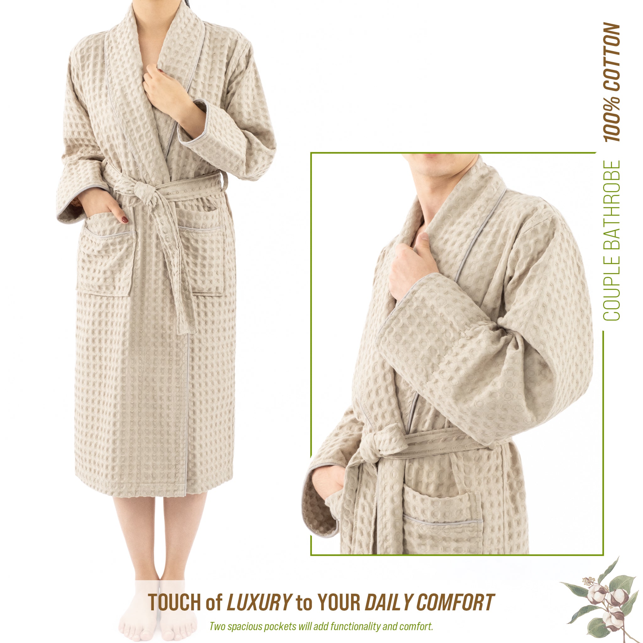 American-softlinen 100% Cotton Waffle Robes for Women and Men, Unisex Waffle Kimono Lounging Bathrobe, 1 Piece Waffle Robe for Couples After Shower