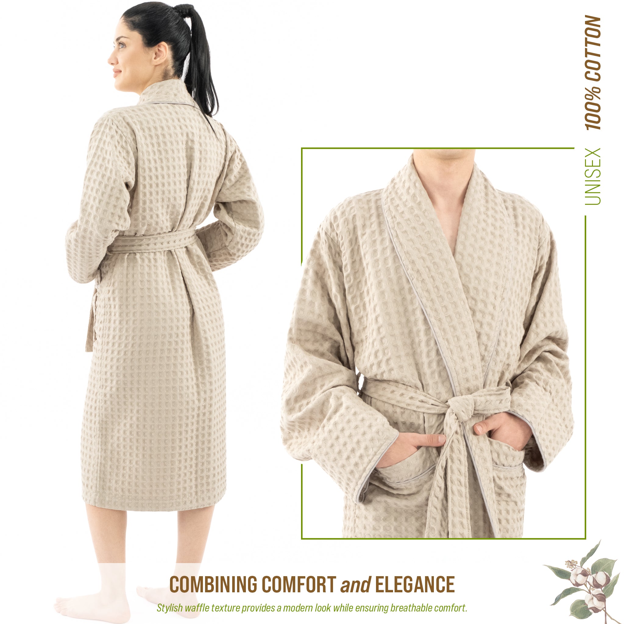 American-softlinen 100% Cotton Waffle Robes for Women and Men, Unisex Waffle Kimono Lounging Bathrobe, 1 Piece Waffle Robe for Couples After Shower