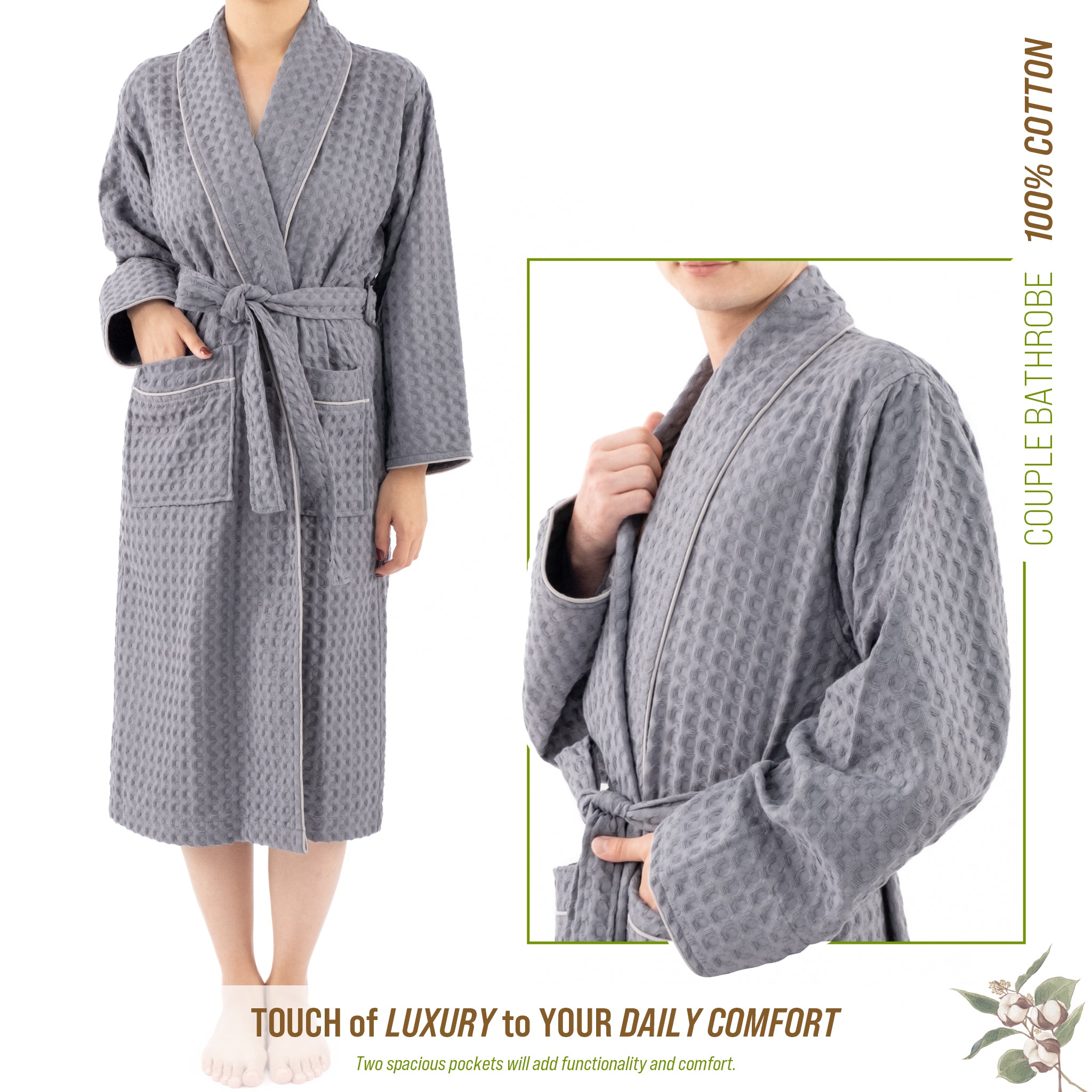 American-softlinen 100% Cotton Waffle Robes for Women and Men, Unisex Waffle Kimono Lounging Bathrobe, 1 Piece Waffle Robe for Couples After Shower