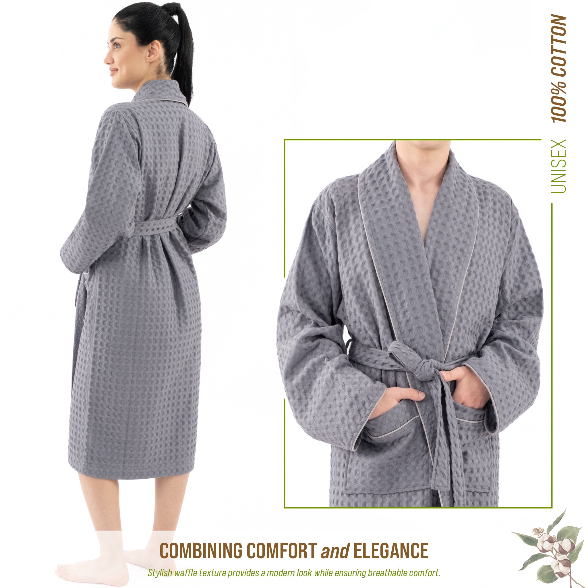 American-softlinen 100% Cotton Waffle Robes for Women and Men, Unisex Waffle Kimono Lounging Bathrobe, 1 Piece Waffle Robe for Couples After Shower