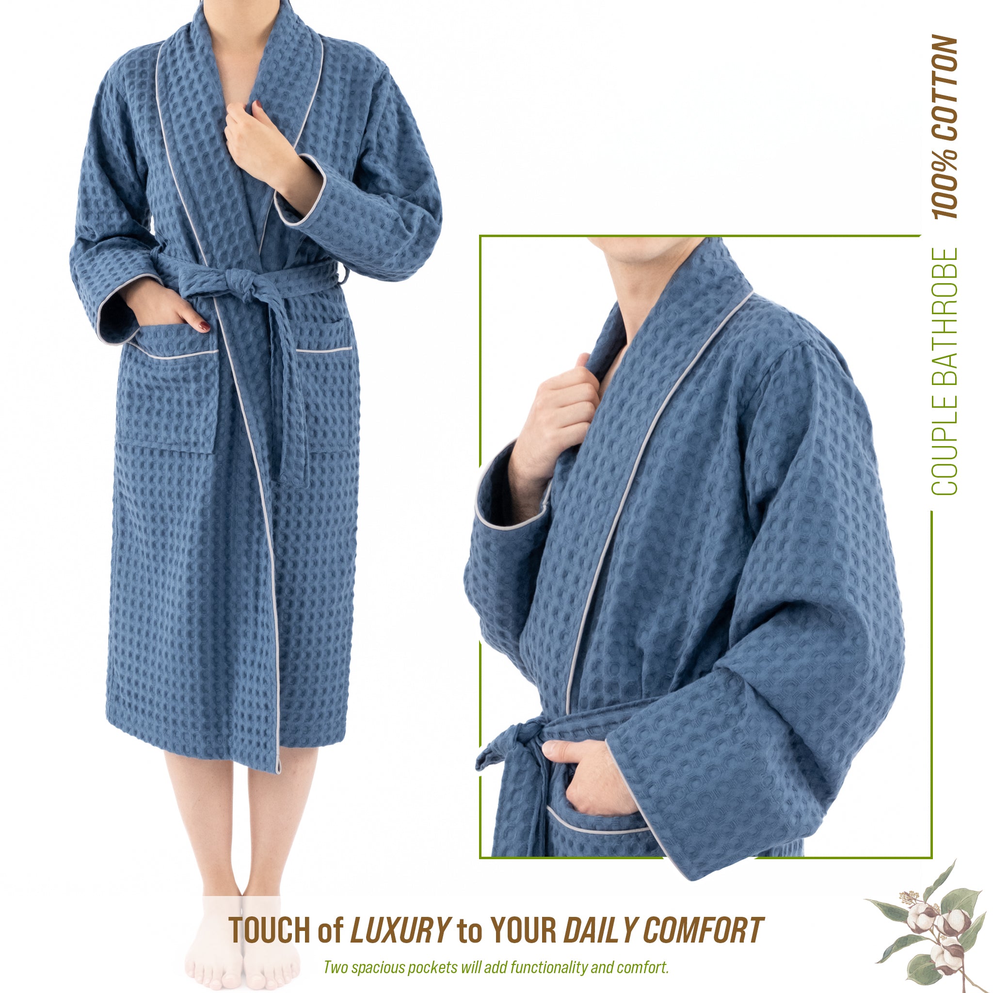 American-softlinen 100% Cotton Waffle Robes for Women and Men, Unisex Waffle Kimono Lounging Bathrobe, 1 Piece Waffle Robe for Couples After Shower