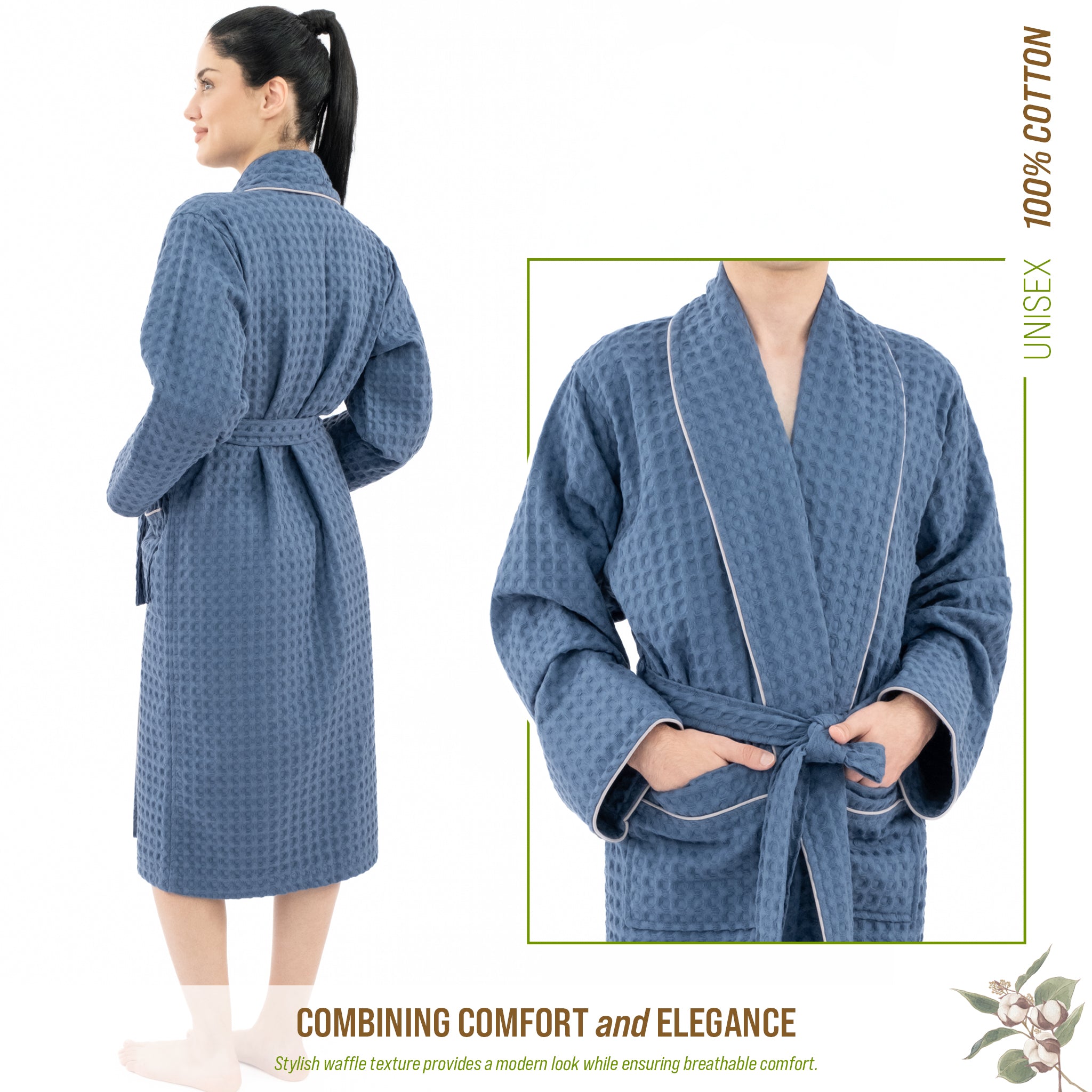 American-softlinen 100% Cotton Waffle Robes for Women and Men, Unisex Waffle Kimono Lounging Bathrobe, 1 Piece Waffle Robe for Couples After Shower