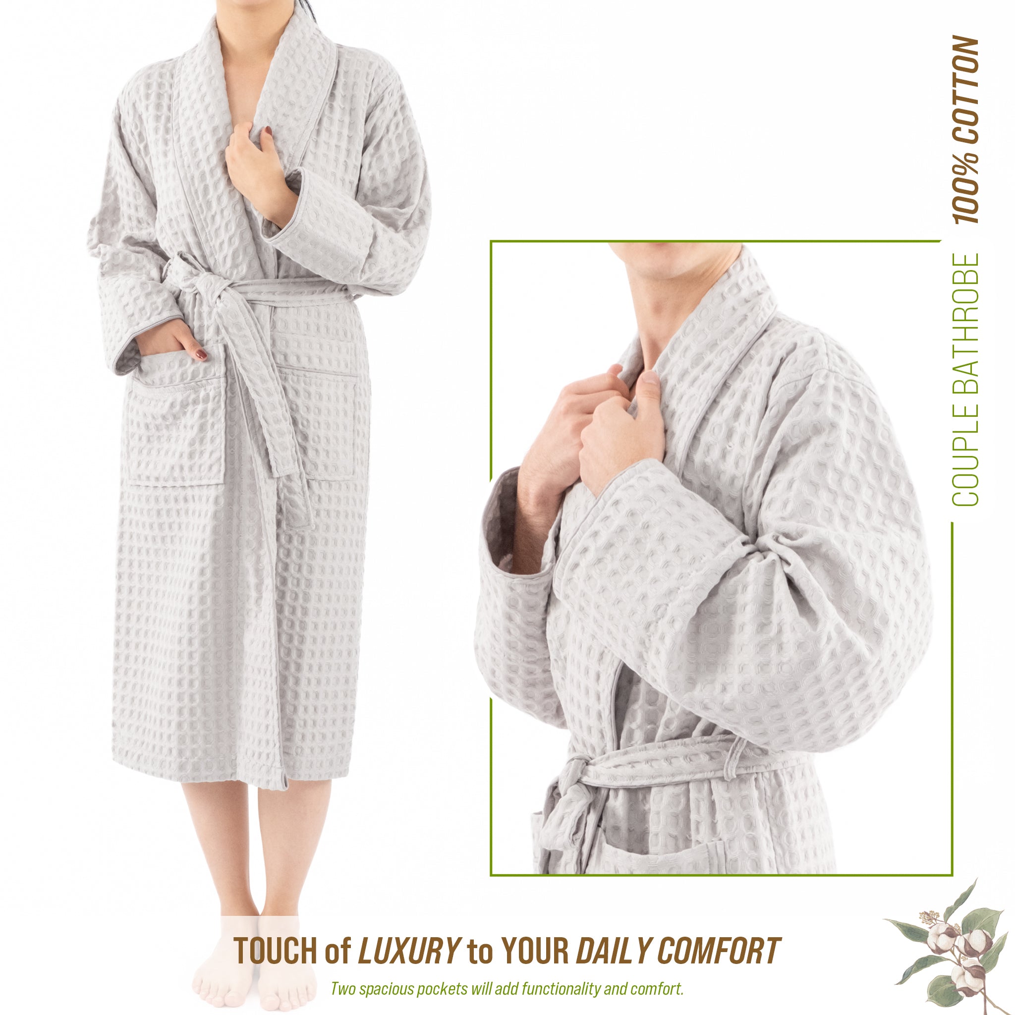 American-softlinen 100% Cotton Waffle Robes for Women and Men, Unisex Waffle Kimono Lounging Bathrobe, 1 Piece Waffle Robe for Couples After Shower