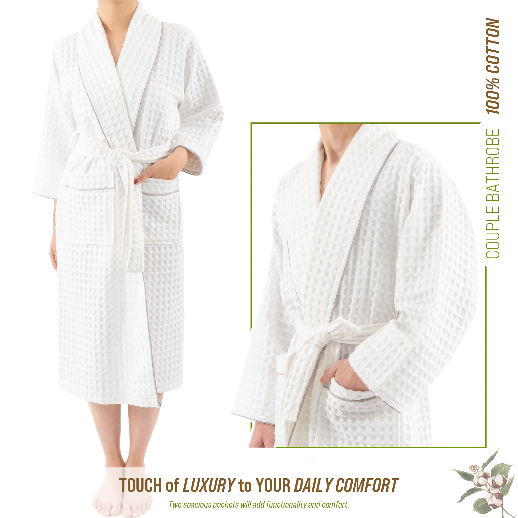 American-softlinen 100% Cotton Waffle Robes for Women and Men, Unisex Waffle Kimono Lounging Bathrobe, 1 Piece Waffle Robe for Couples After Shower