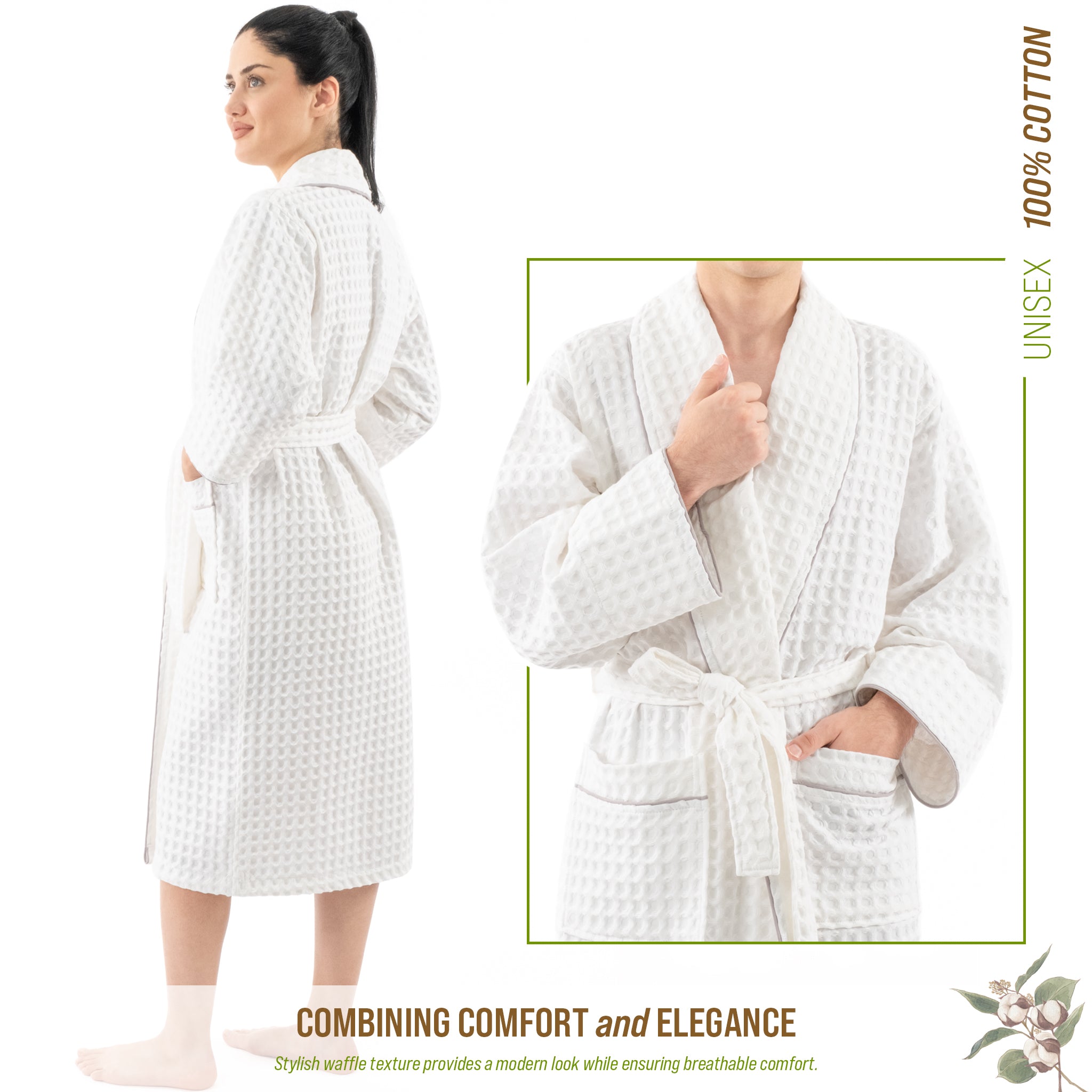 American-softlinen 100% Cotton Waffle Robes for Women and Men, Unisex Waffle Kimono Lounging Bathrobe, 1 Piece Waffle Robe for Couples After Shower