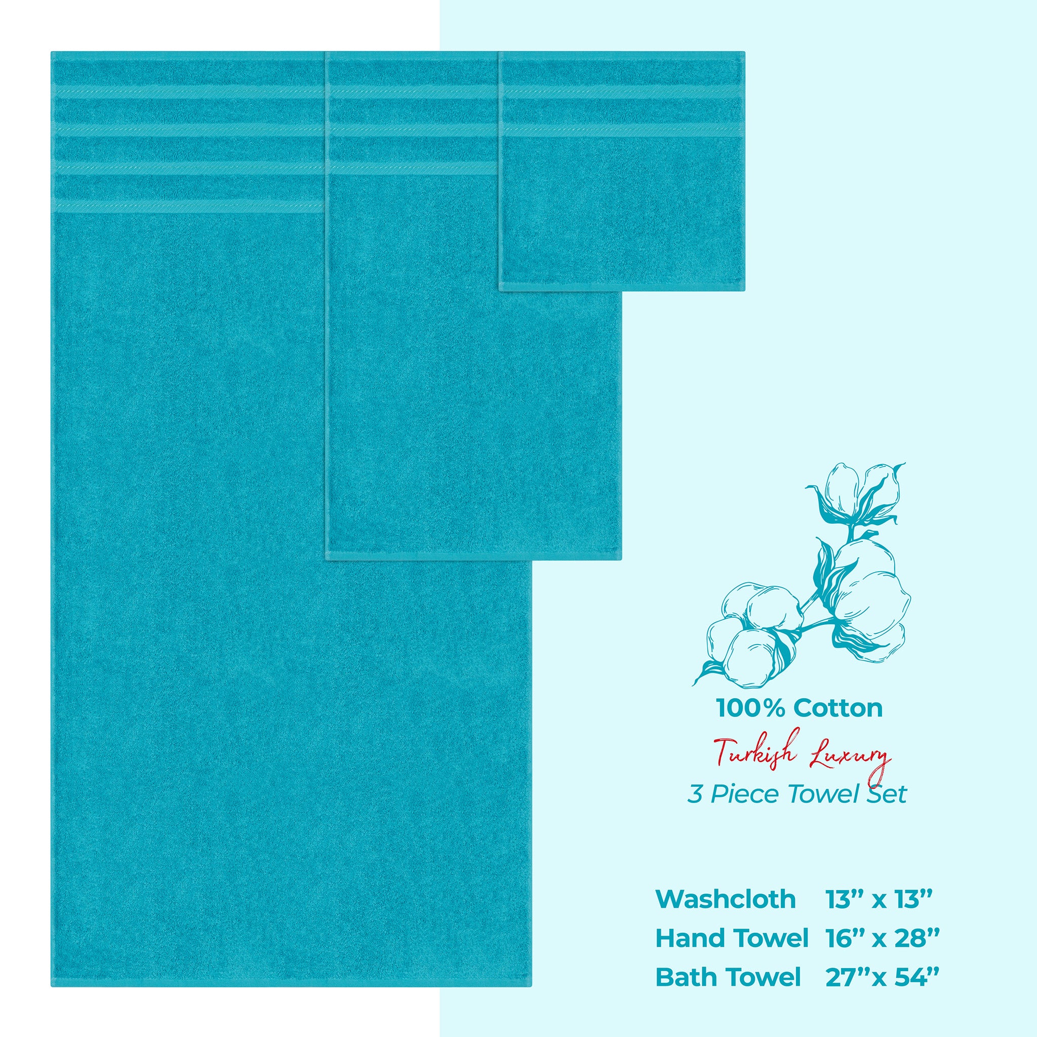 American-softlinen 3 Piece Best Bath Towels Set 100% Cotton Turkish Towels with 20 Different Colors Aqua-Blue-4