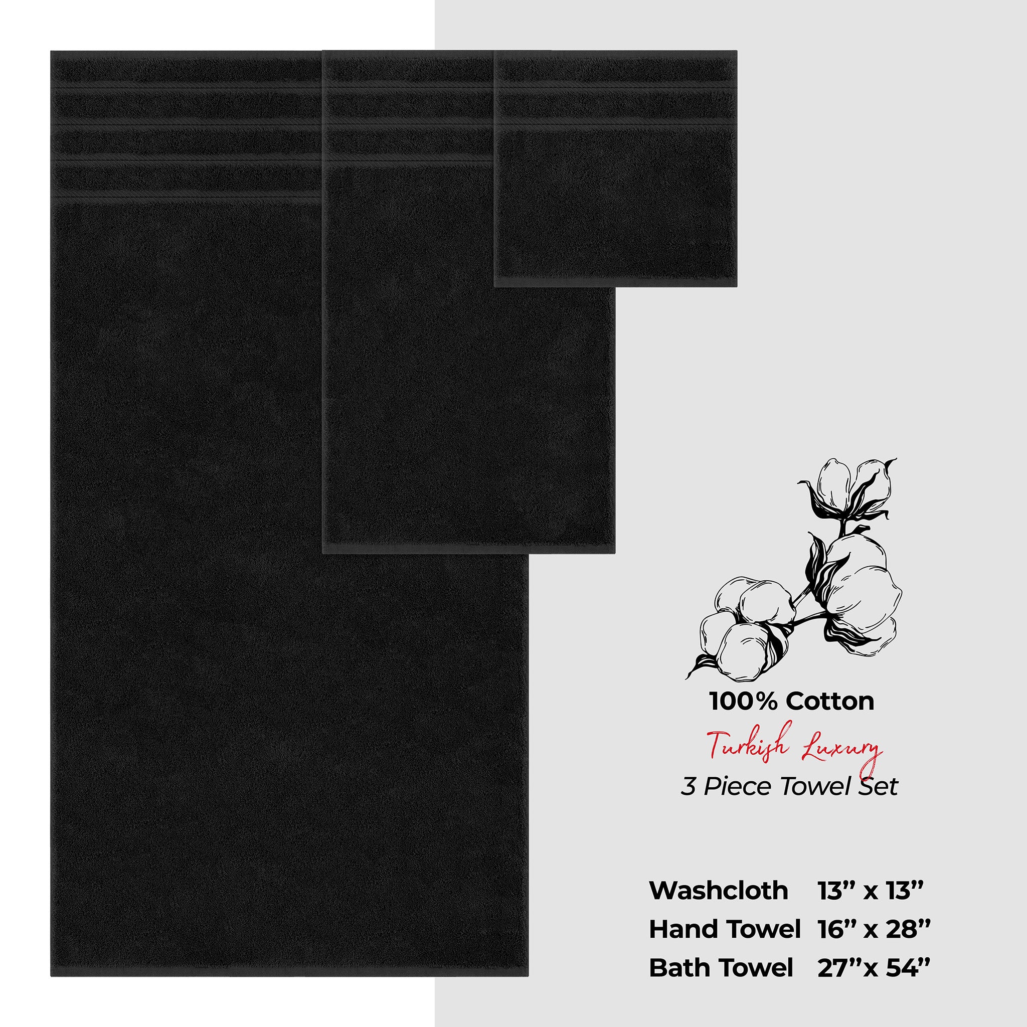 American-softlinen 3 Piece Best Bath Towels Set 100% Cotton Turkish Towels with 20 Different Colors Black-4
