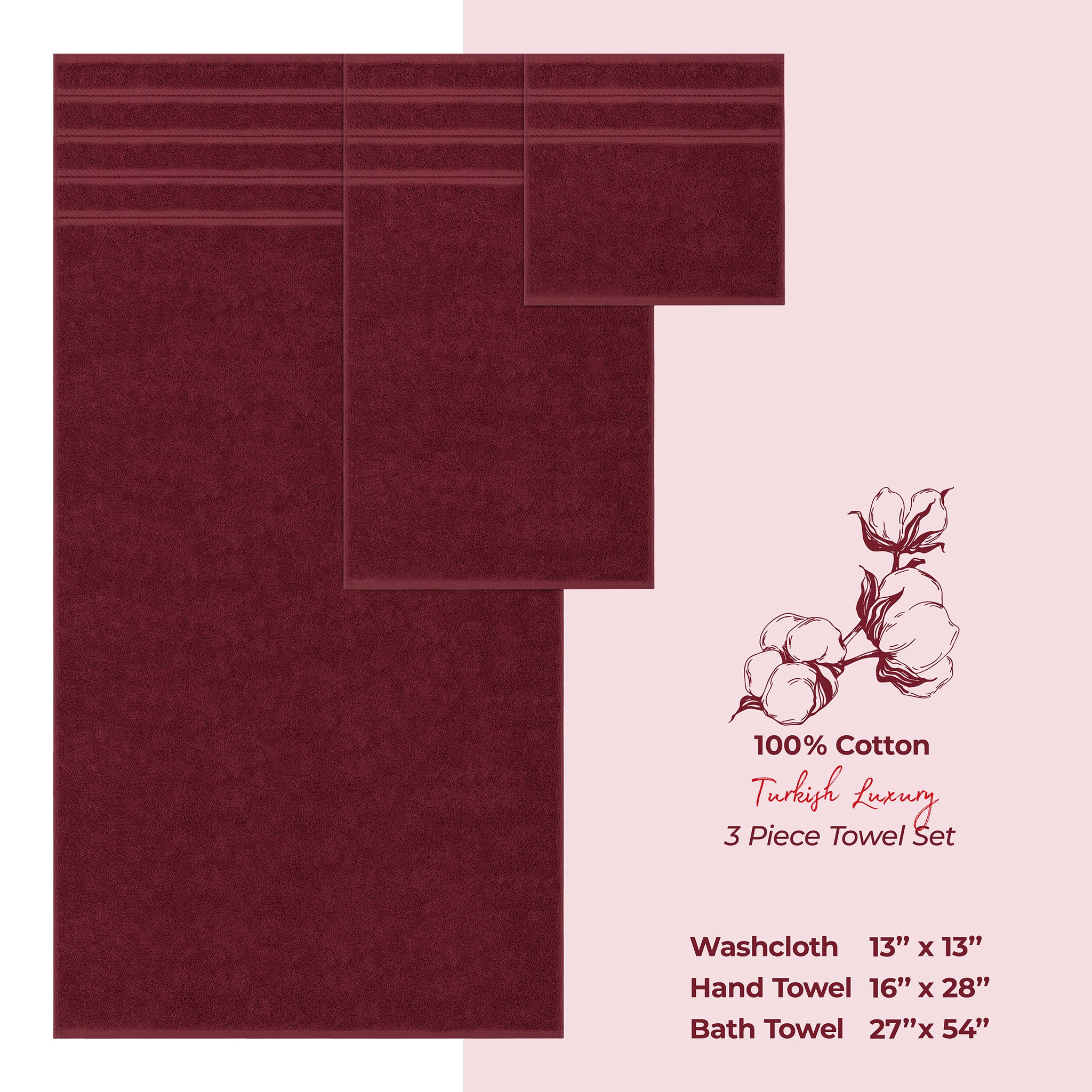American-softlinen 3 Piece Best Bath Towels Set 100% Cotton Turkish Towels with 20 Different Colors Bordeaux-Red-4