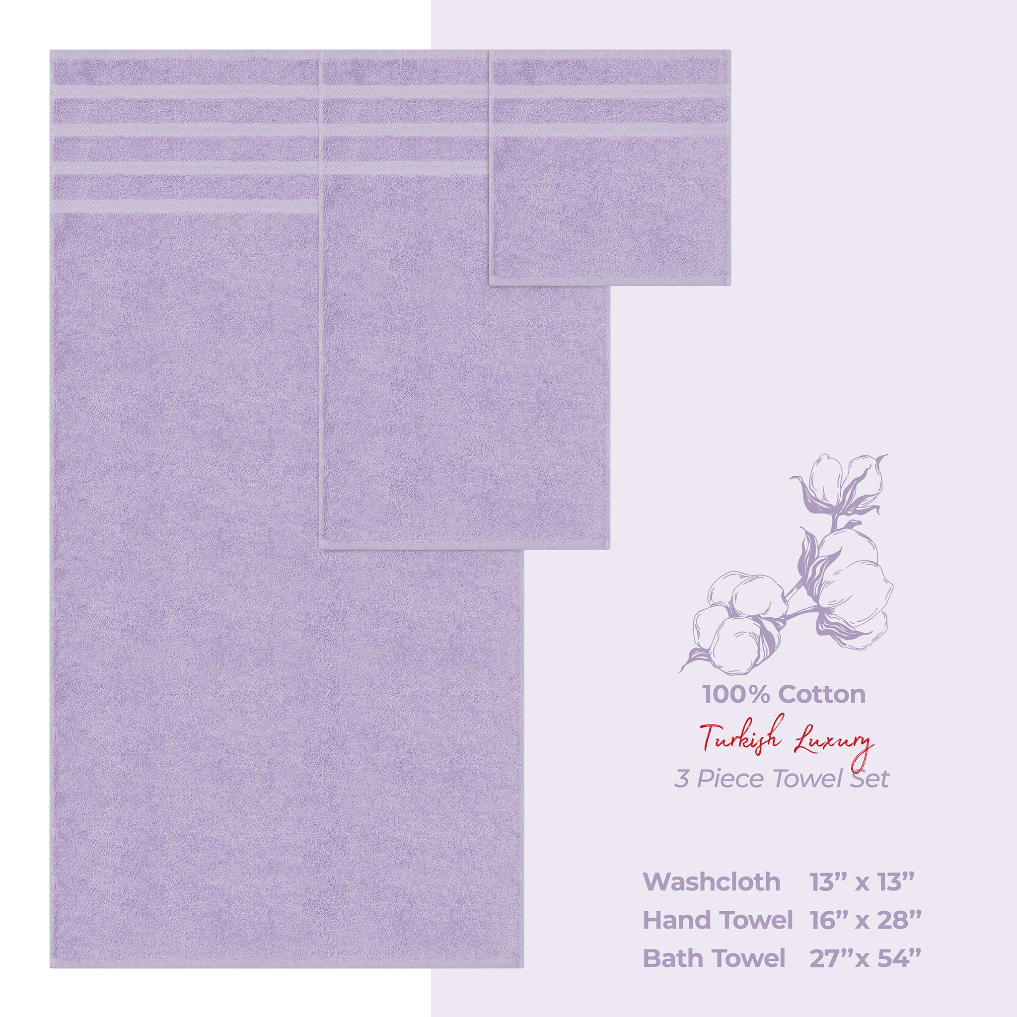American-softlinen 3 Piece Best Bath Towels Set 100% Cotton Turkish Towels with 20 Different Colors Lilac-4