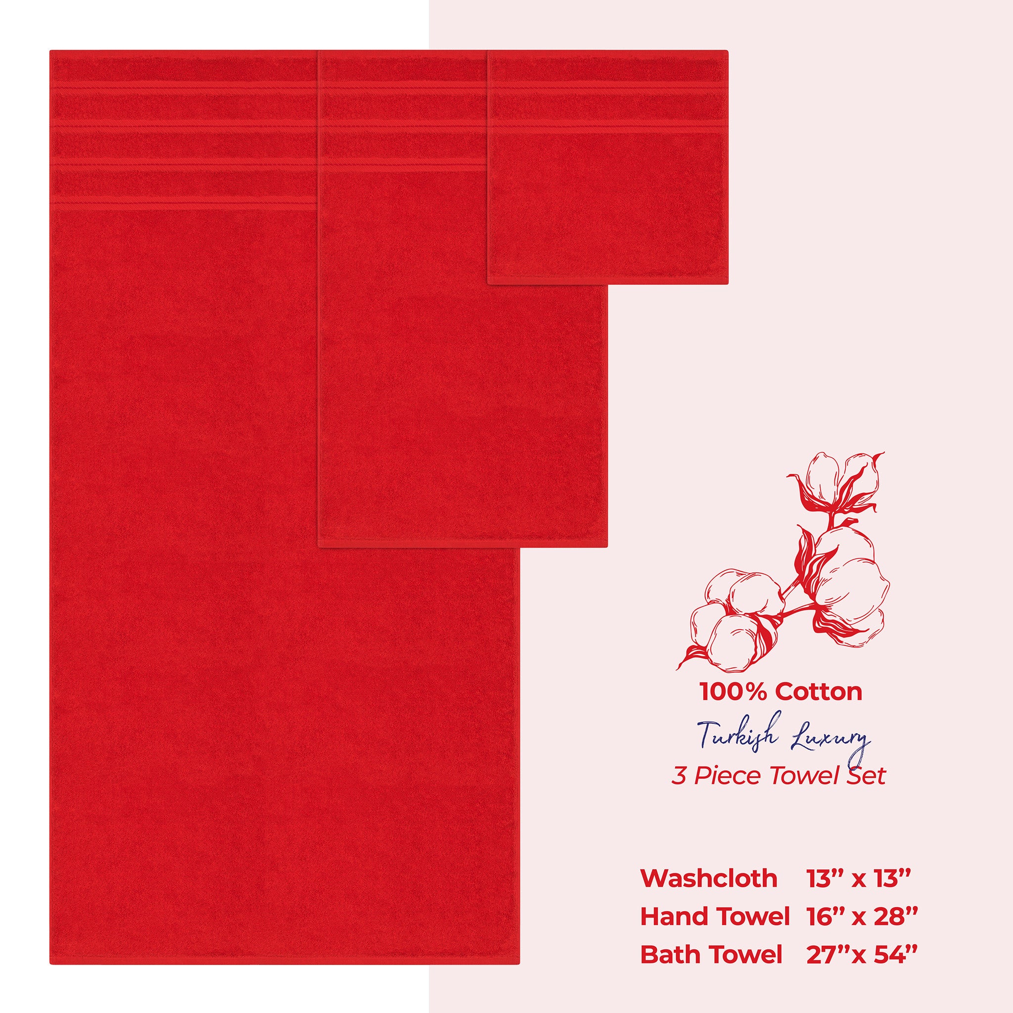American-softlinen 3 Piece Best Bath Towels Set 100% Cotton Turkish Towels with 20 Different Colors Red-4