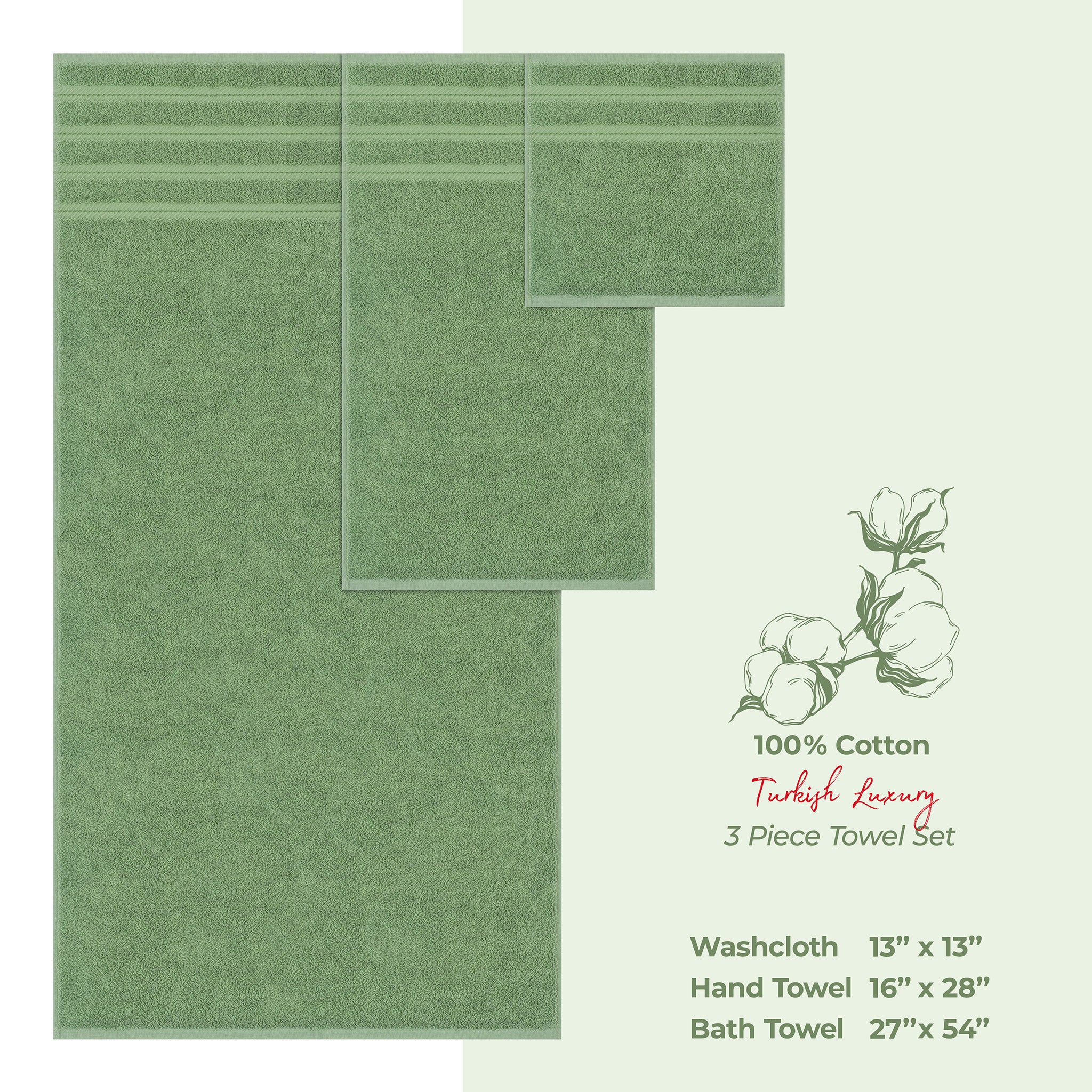 American-softlinen 3 Piece Best Bath Towels Set 100% Cotton Turkish Towels with 20 Different Colors Sage-Green-4