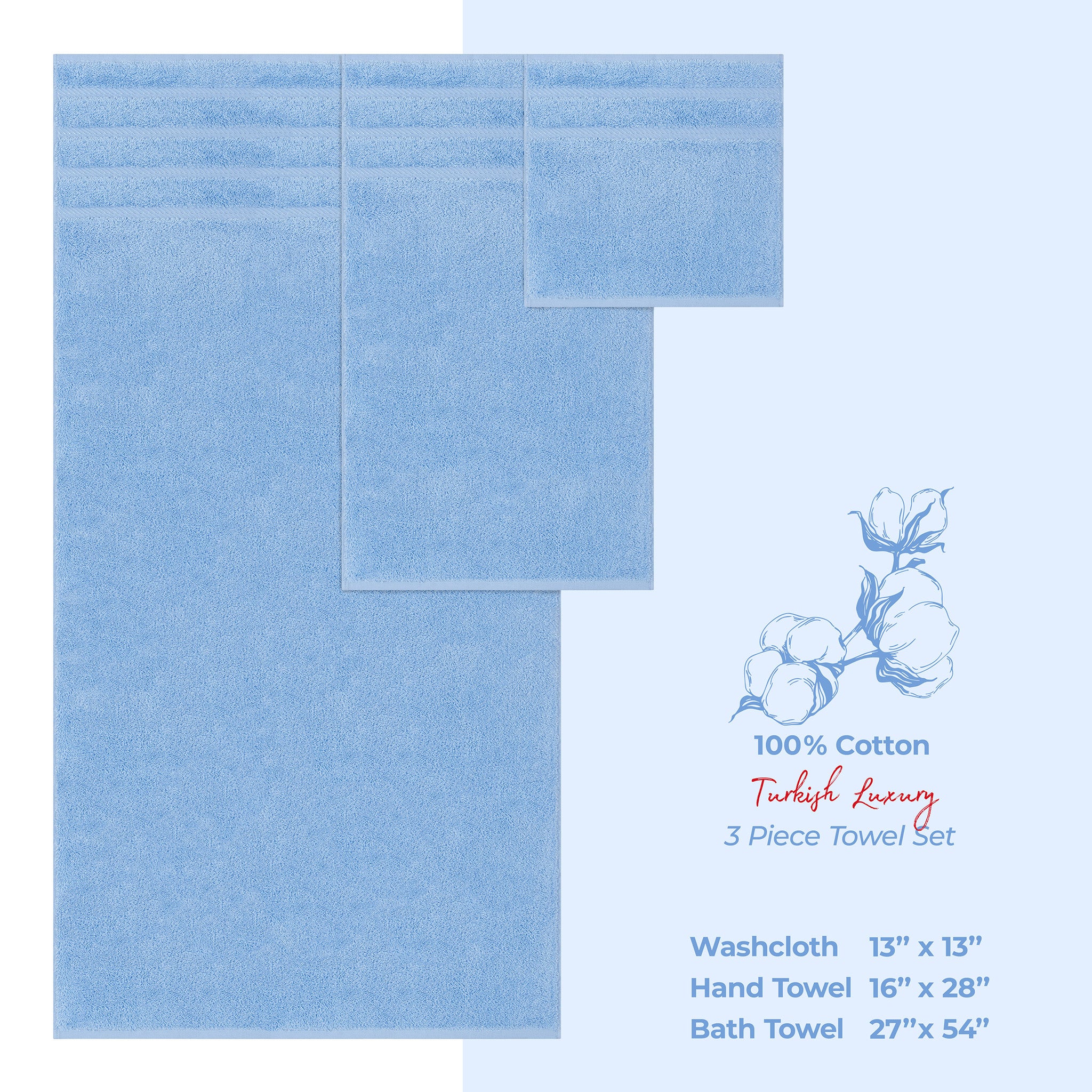 American-softlinen 3 Piece Best Bath Towels Set 100% Cotton Turkish Towels with 20 Different Colors Sky-Blue-4