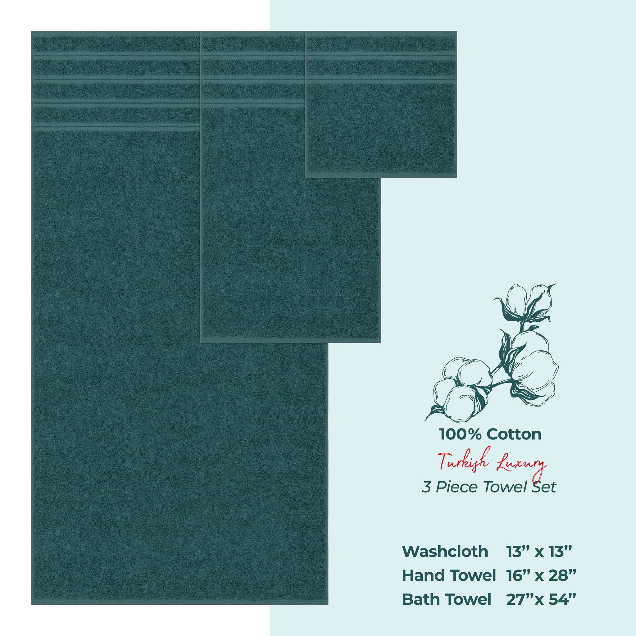 American-softlinen 3 Piece Best Bath Towels Set 100% Cotton Turkish Towels with 20 Different Colors Teal-4