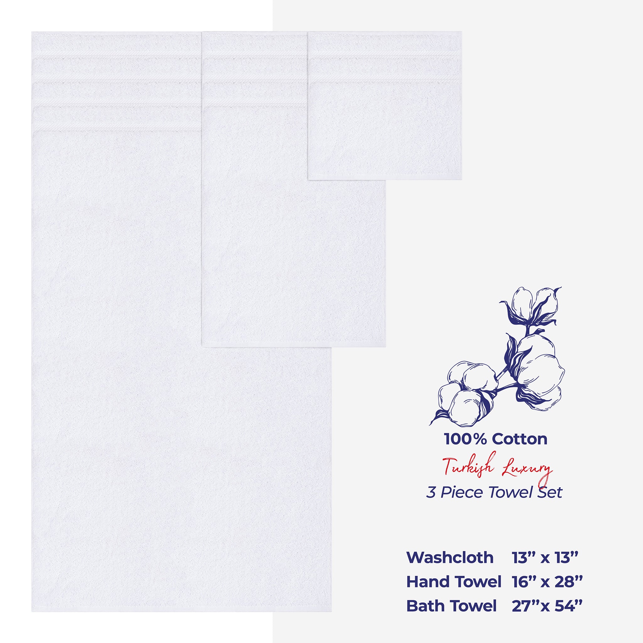 American-softlinen 3 Piece Best Bath Towels Set 100% Cotton Turkish Towels with 20 Different Colors White-4
