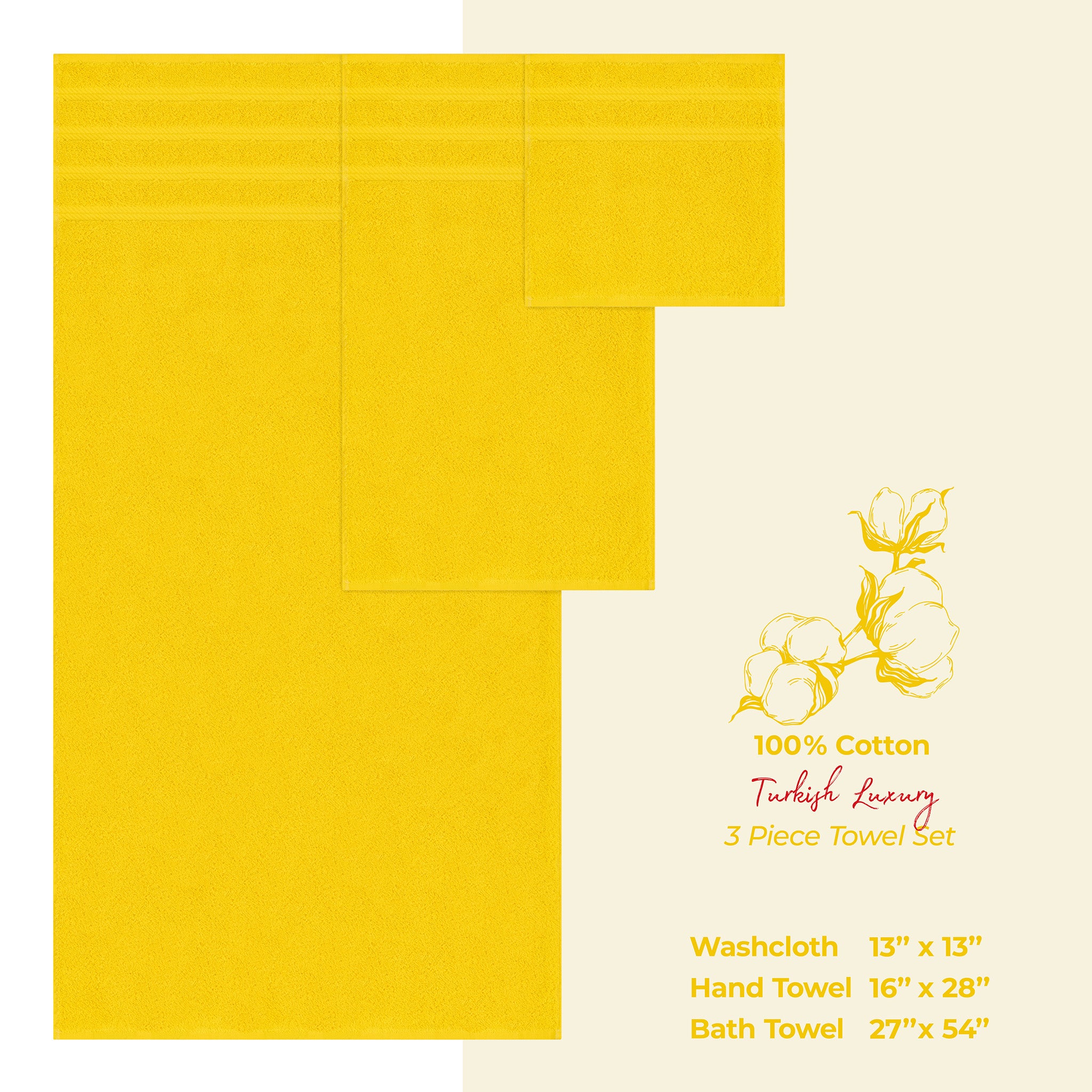 American-softlinen 3 Piece Best Bath Towels Set 100% Cotton Turkish Towels with 20 Different Colors Yellow-4