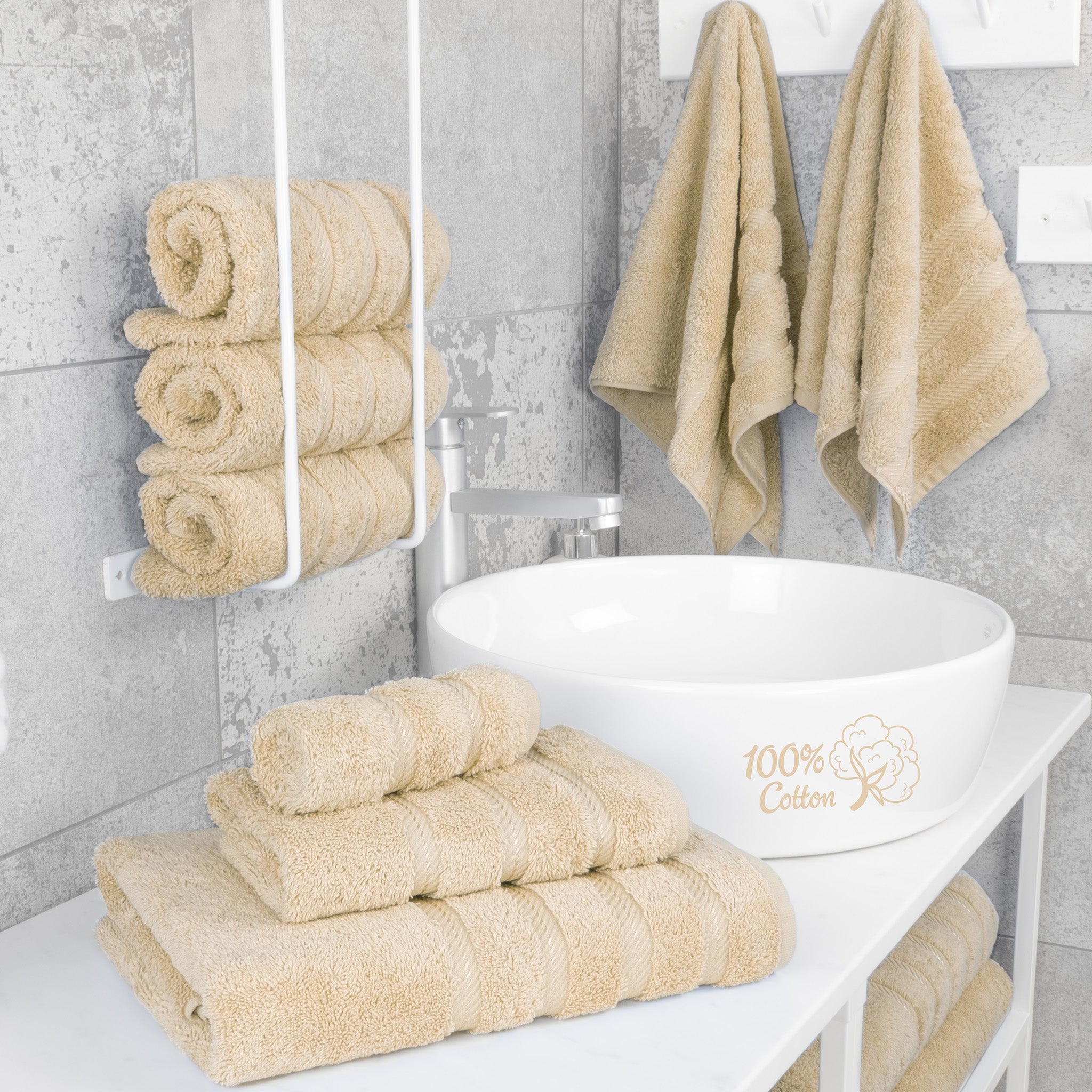 American-softlinen 6 Piece Best Bath Towels Set 100% Cotton Turkish Towels with 20 Different Colors Beige-2