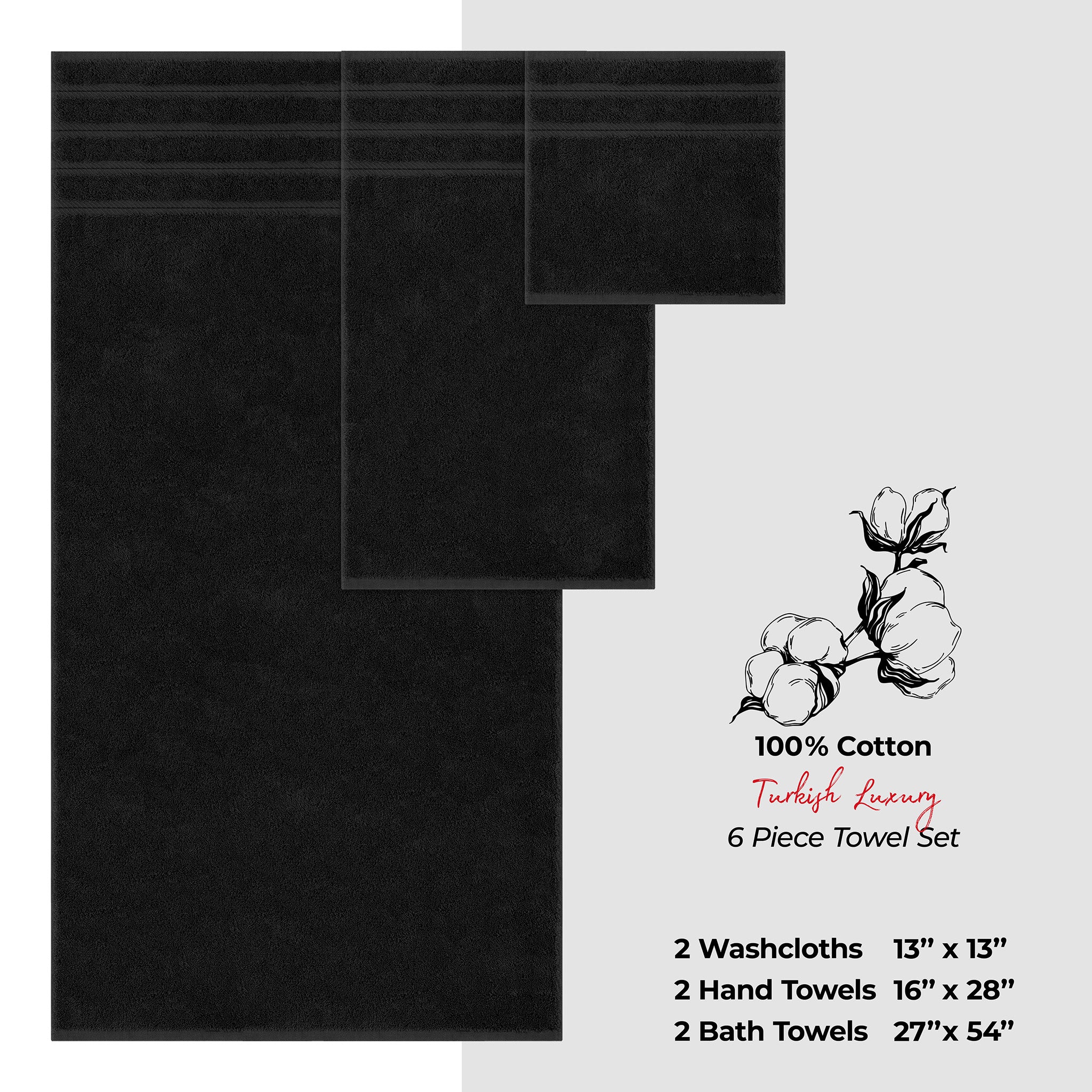 American-softlinen 6 Piece Best Bath Towels Set 100% Cotton Turkish Towels with 20 Different Colors Black-4