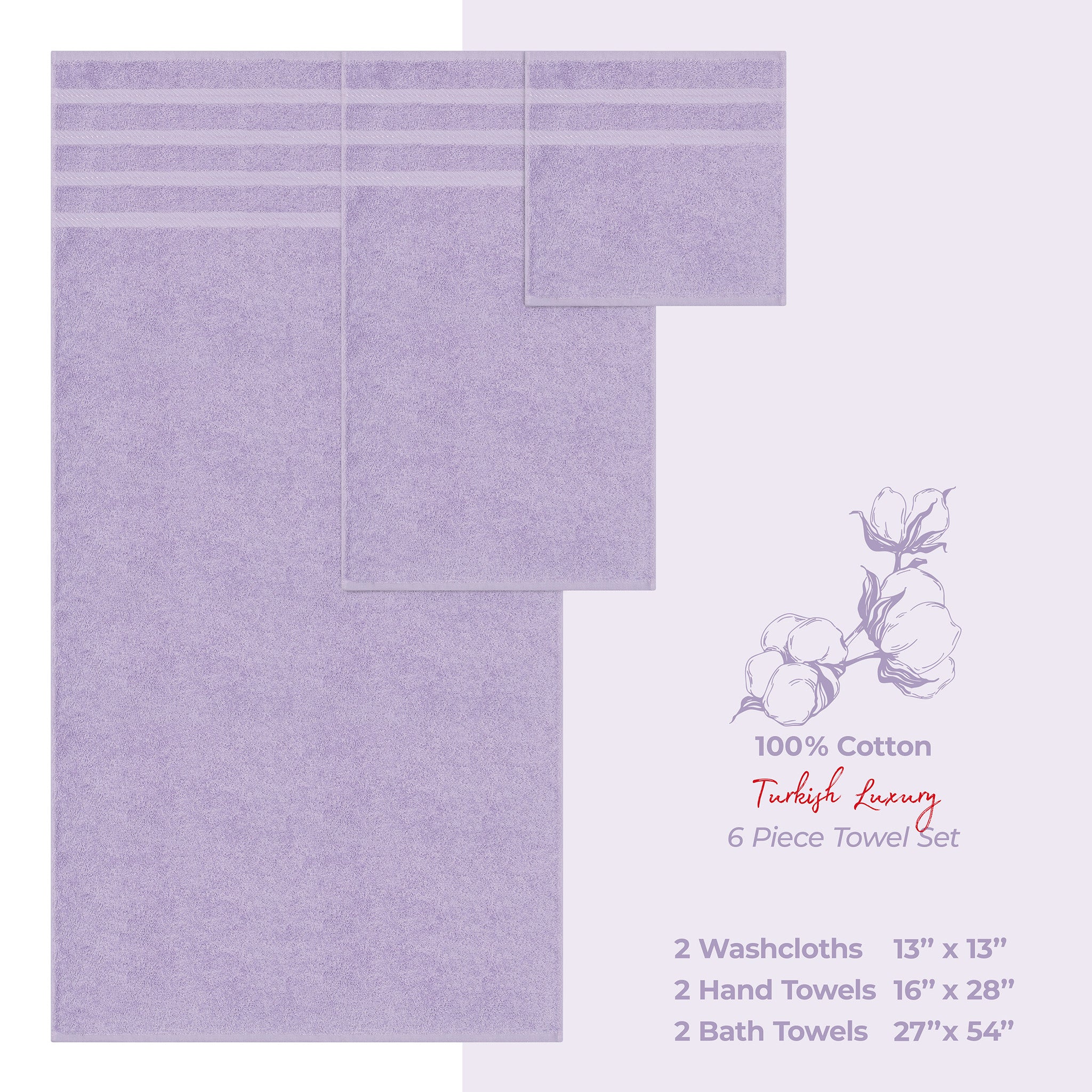 American-softlinen 6 Piece Best Bath Towels Set 100% Cotton Turkish Towels with 20 Different Colors Lilac-4