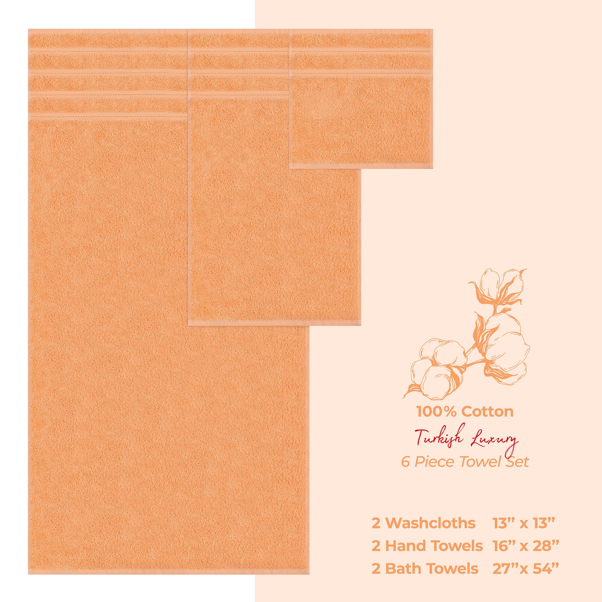 American-softlinen 6 Piece Best Bath Towels Set 100% Cotton Turkish Towels with 20 Different Colors Malibu-Peach-4